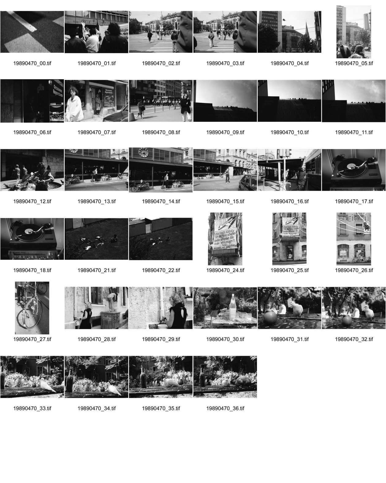 Image of sheet 19890470: Ziviler Polizist mit Funk am Helvetiaplatz. drittes 3. Refugium der kurdischen Asylbewerber Innen. am Werplatz in der GBH Strassburgstr. Ligihaus. Städtische Liegenschaftsverwaltung Stadt Zürich Tauben an einem Brunnenrand. Portrait Felix von Muralt am Bahnhof vor Uhr ohne Zeiger. Plattenspieler. Transparent hängt an besetzten Haus an Ankerstr. 124. Enteignet. 'Nur noch ständig für die Miete schaffen? Greifen wir lieber Alle zu den Werkzeugen!! kommt Wohnen vor Eigendumm. Fahrradpneu mit Schutzblech am falschen Ort. Zweierstrasse wird
bemalt. Taube und kanninchen von einem Zauberer in bepflanzten Hof von abgebrochener Zweierstasse 55  Dreieck Wohnungsnot housing protest occupy Zürich 1989 Switzerland Schweiz Suisse