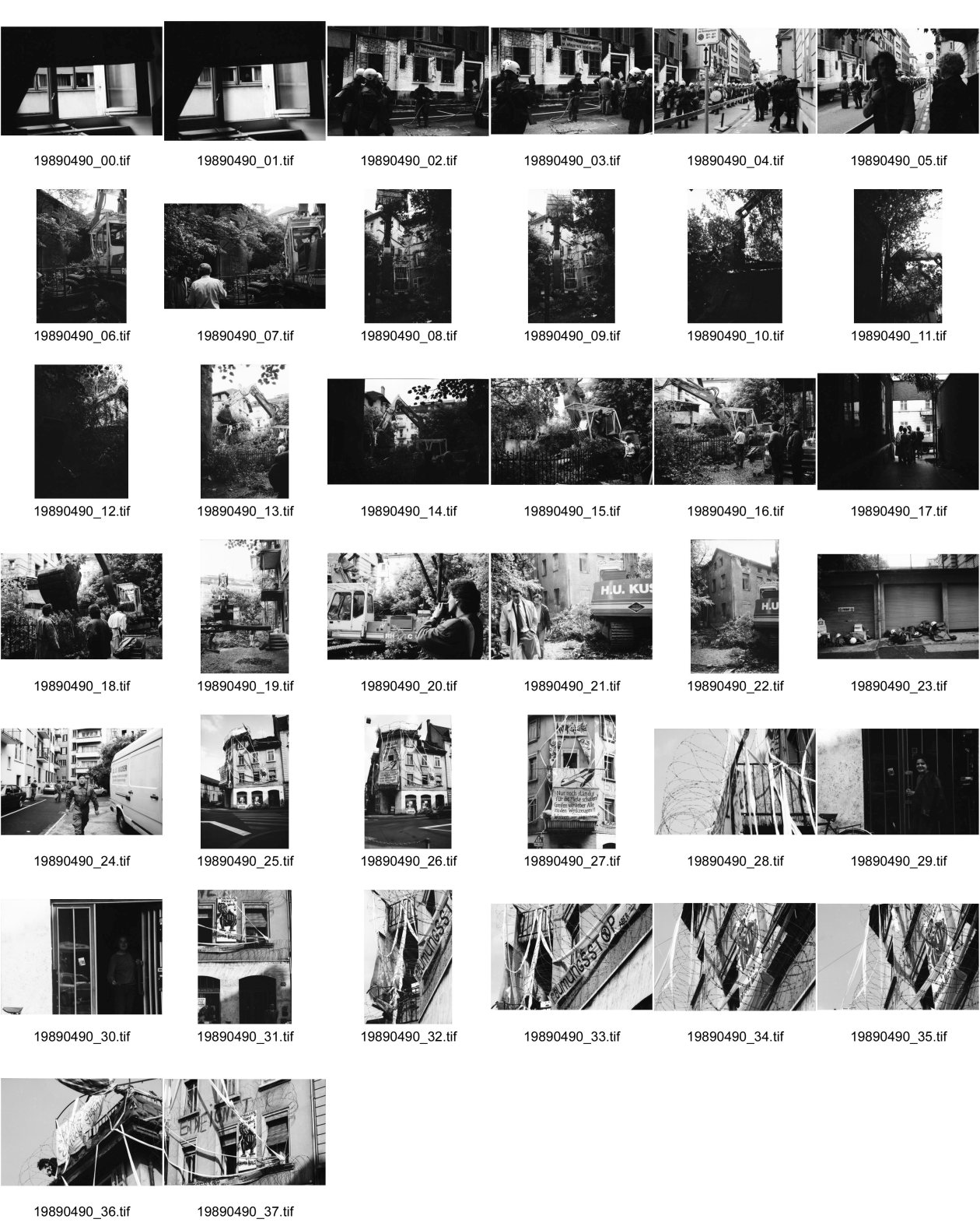 Image of sheet 19890490: Der Fotograf Christof Egle aus einer anderen Wohnung zeigt ihn wie er versteckt fotografiert. Bauarbeiter beginnen ihre Arbeit unter Polizeischutz. Im Innenhof werden die Bäume umgelegt. Der Architekt Christian Schlegel, filmt die Arbeit.Nr. 20. Brutal und mit vollem Hass gehen die Arbeiter auf die Bäume los. Der Architekt wird später unter den zusammenbrechenden Mauern begraben und stirbt. Mr. Langstrasse Rolf Vieli von der Stadt. Grenadier Uniformen liegen am Boden. Die Körbe und Helme daneben. Ein Grenadier Kommandant will sich auf mich stürzen. Ich drehe mich um, mache von ihm ein Bild und renne im Innehof wo niemand ausser einer alte Frau steht, um mein Leben. Klammere mich um die Alte. So kann mir der rasende Polizeibeamte Grenadier nichts antun. Nachher flüchte ich. Das Haus Ankerstrasse 124 ist mit gerolltem Stacheldraht verbarikadiert. Auch ein ausgestopfter Grenadier hängt da. Abbruch Zweierstrasse 53 Nr. 19890680
Wohnungsnot Besetzung Wohnungsmangel