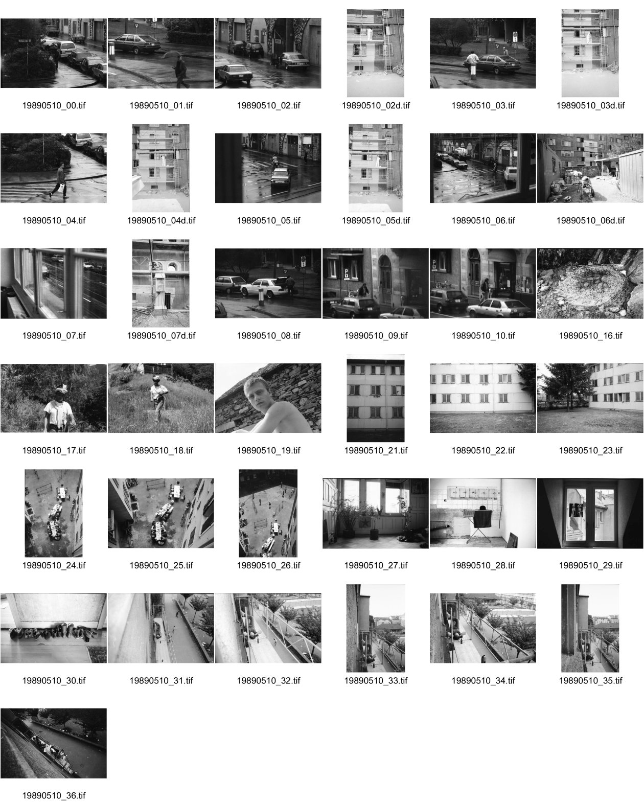 Image of sheet 19890510: Wird heute geräumt? Ich stehe im Behindertenheim und beobachte das Haus Limmatstrasse 217. Es geschieht nichts. Schaum auf Wasser. Leo und Frank Braun im Tessin. Bahnarbeiter Siedlung beim Güterbahnhof. Im Innenhof Limmatstrasse gibt es ein Frühstück. Küche. Kreis 4. Schuhe in der Limmatstrasse 217. Erismannhof eingerüstet. Dany liegt auf Gerüst und döst mit einem Bier. Die Fassade wird bemalt. Mit Testfarben. Die Renovation beginnt. Zürich 1989 Viadukt