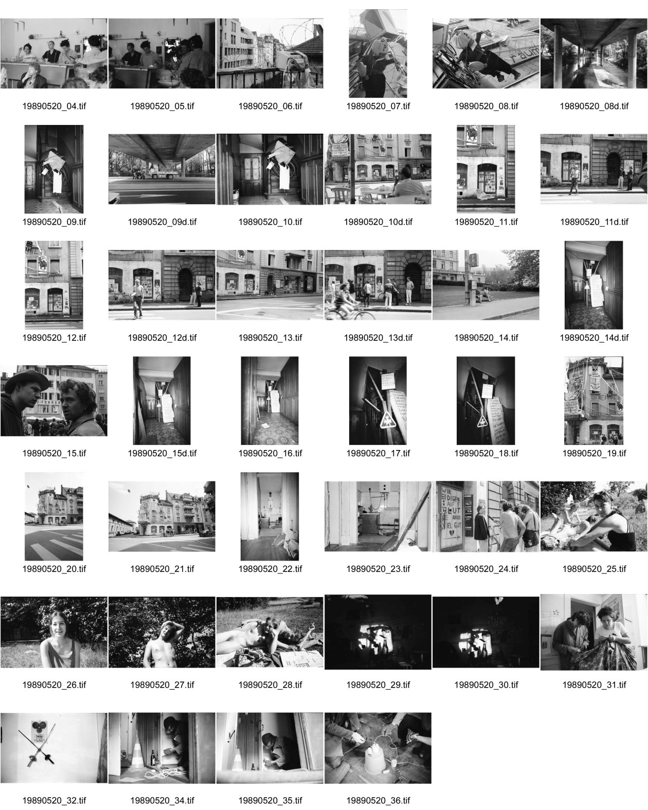 Image of sheet 19890520: Hürlimann Bier Rosskutschen Biertransport Pferde unter Sihlhochstrasse auf Utobrücke. Sihlhochstrasse. Ankerstrasse 124 Pressekonferenz mit Fränzi und Eric. Ausgestopfter Grenadier. Eingang verbarrikadiert mit Stacheldraht. Haus ist dekoriert. jemand nimmt ein Bad (Limmatstrasse). Portrait Vieli Interwiev. Olivia Rote Fabrik. Susan Büchi Mischa Vorbereitungen zur Räumung von Ankerstrasse. Roge und Flori. Autoren Blutgeil. Fränzi Harder Nr. 31, 4. Dani Daniel Dunkel, Nr. 4. Chefredaktor Schweizer Familie Tamedia. Heussler Zürich Schweiz Switzerland Kreis vier Aussersihl