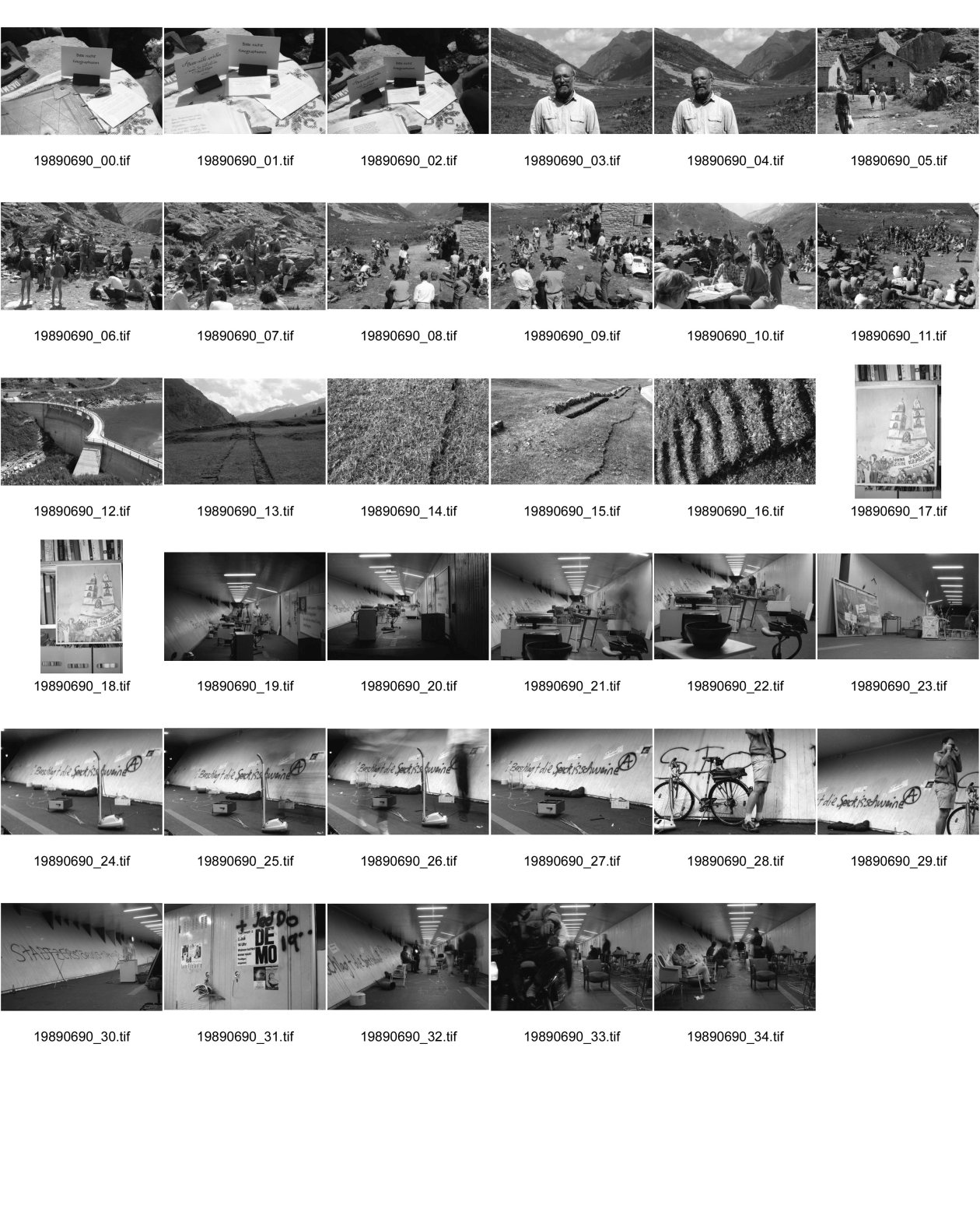 Image of sheet 19890690: Bitte nicht fotografieren. Das Waldbuch. Portrait Jürg Frischknecht. Val Madris. Kanton Graubünden. Solidaritätsfest Gegen das Staumauer Projekt. Nach dem Höhenfeuer. Grasnarben ? Staudamm. Grossmünster und 'ohne Polizei kein
 Kravall Transparent. Gemalt nach eine Photographie von mir von Gertrud Jakob
Eine Donnerstagsdemo gegen Wohnungsnot. Die Fussgänger- Unterführung Langstrasse ist mit Küchenartikel und Möbel verstellt. Nur mühsam fährt ein Velo Fahrer durch. Zerschlagt die Speckischweine. steht da. Einer fotografiert. Aleks Weber begleitet mich und wird verhaftet und kriegt für nichts 2 Wochen unbedingt! Ich bin mit einem Bild Nr. 22 Beim Prozess Zeugin. Zürich 1989