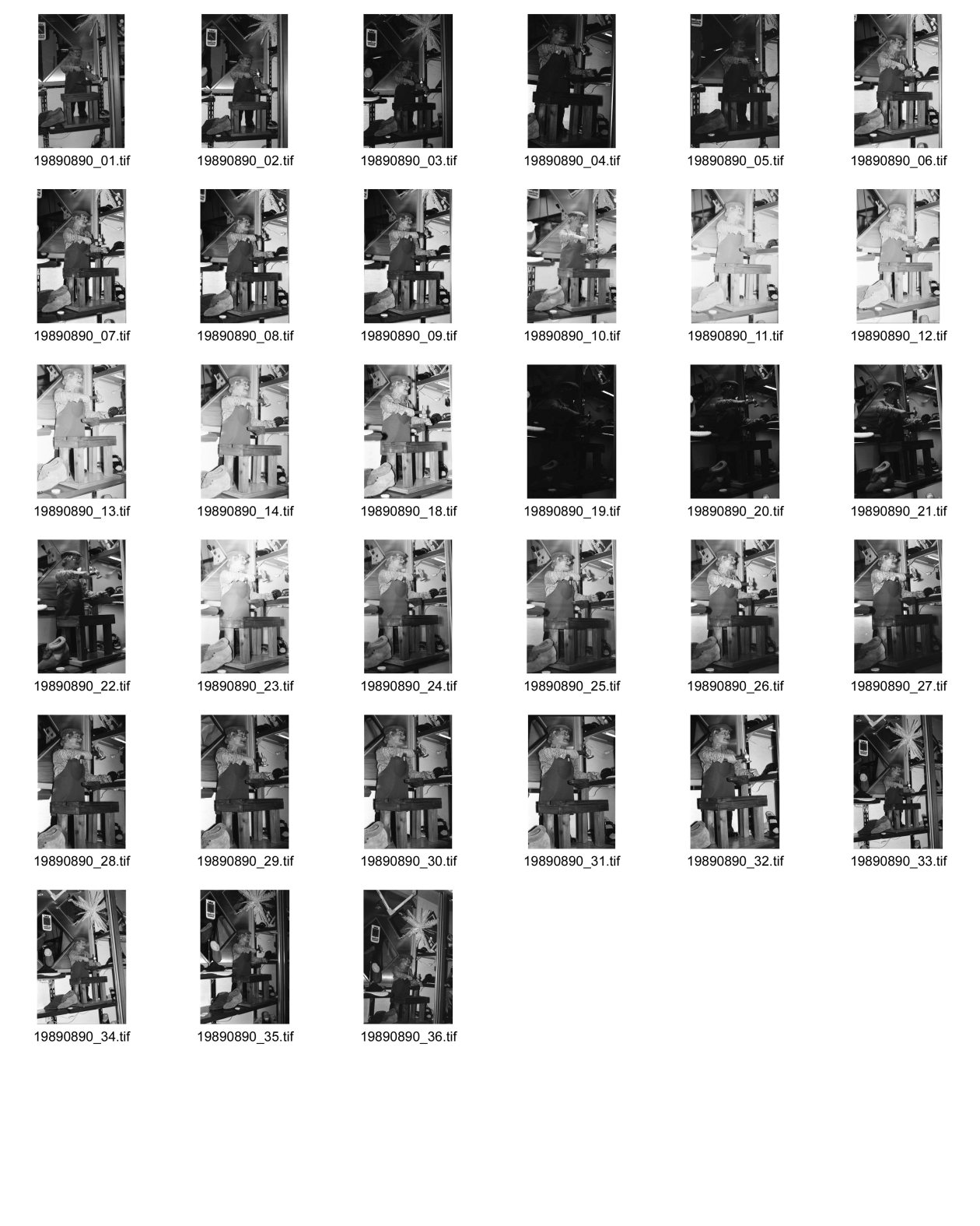 Image of sheet 19890890: Bei Gianini Schuhmacher im Shop Ville steht ein Puppen Schuhmacher im Schaufenster der sich bewegt und Schuhe nagelt. Für Hochparterre. Nur digitales Sheet.
Schweiz Zürich 1989 Switzerland shoes