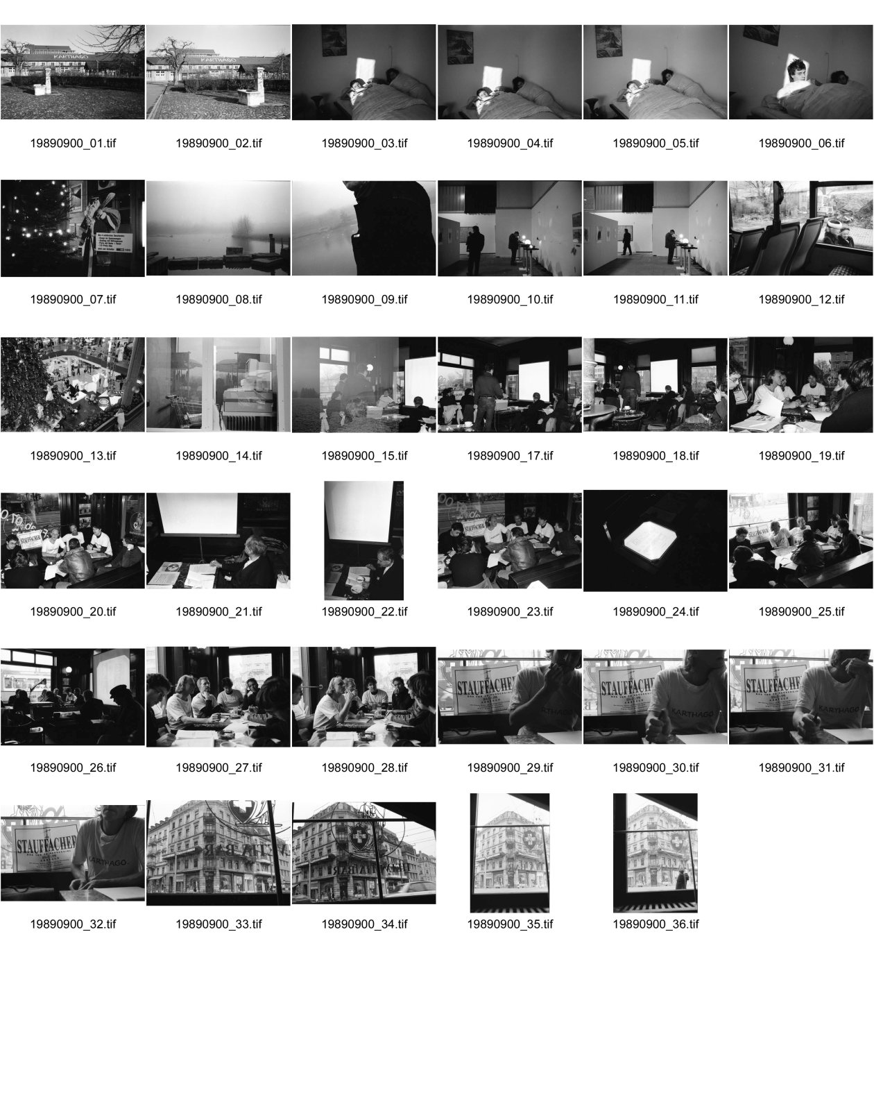 Image of sheet 19890900: Karthago steht auf dem Dach in der Kaserne. Frank Braun und Kristin Irion in der Wohnung in Winterthur. Im Bett liegend. Samichlaus macht SBB Werbung.(Puppe) Irchel Weiher  An der Weihnachtsaustellung in der Züspa. Aus dem Bus. zwei alte Frauen. Im Supermarkt Glatt. Pressekonferenz in der Helvetia Bar Stauffacher, für Container Siedlung. Mit Dieter Oswald, Steff Fischer. T-Shirt Karthago und Plakat Stauffacher 'das Tor zu Aussersihl Abbruch Stauffacher durch Helvetia Bar Fenster. kreis vier Zürich 1989 Schweiz Switzerland housing wohnungsnot protest