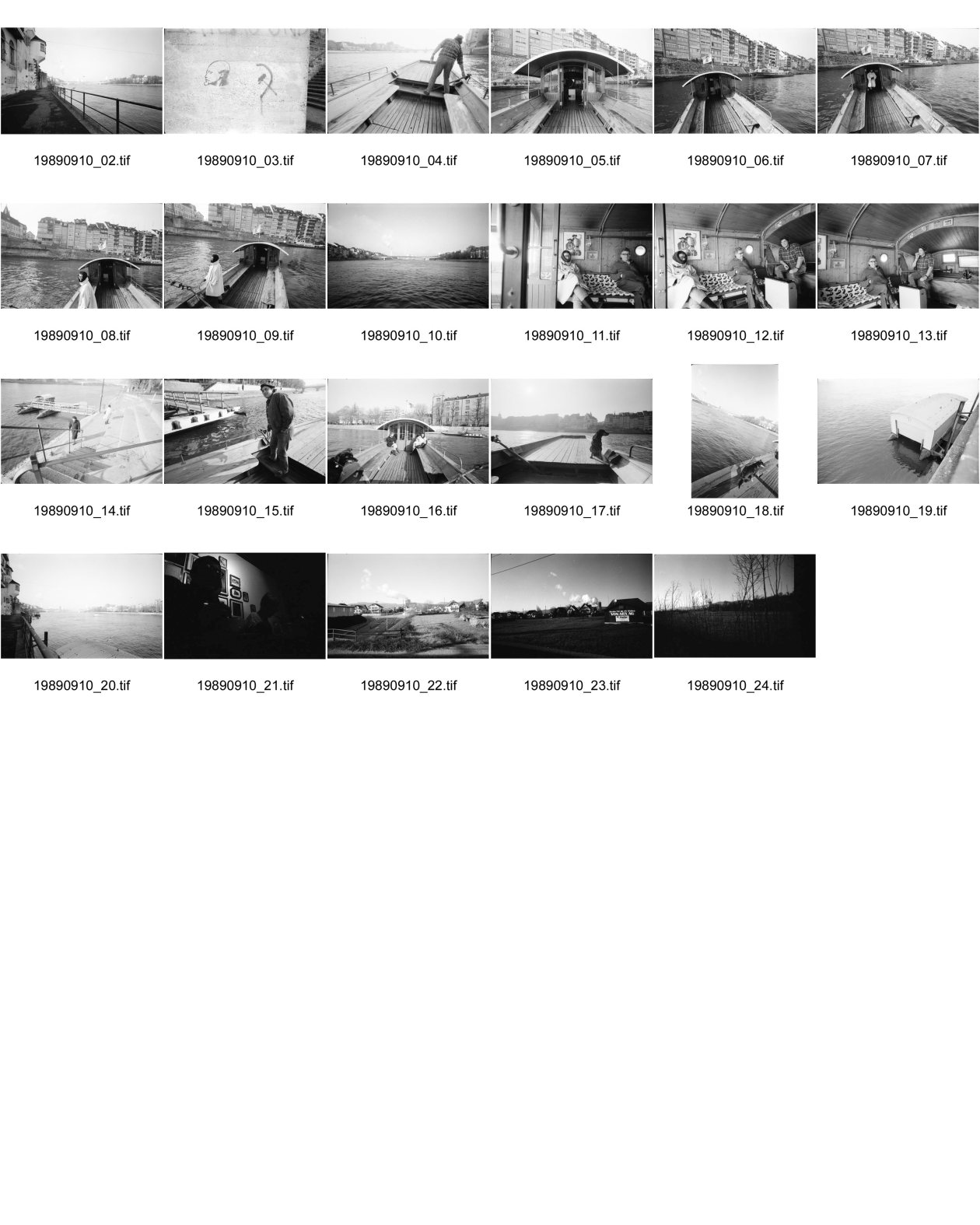 Image of sheet 19890910: Am Rhein. Auf einem Fährschiff fotografiere ich Fatima Heussler. AKW Gösgen AG aus dem fahrenden Zug. Mit Dampfwolke. Hund auf Fähre. Basel 1989