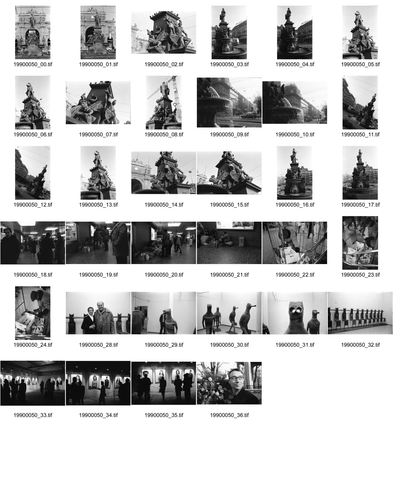 Image of sheet 19900050: Alfred Escher Denkmal und Brunnen am Bahnhofplatz. Priv. Polizei im Shopville kontrolliert Penner und Obdachlose. Szenen im Shopville. Alter Mann sucht in Abfall nach Essbarem. Portrait Valery Heussler mit Percy Heussler in Ausstellung Galerie. Figuren. Ausstellung Richard Avedon in Winterthur. Photographie Zuschauer Innen. Portrait Marcel Biefer am Bürkliplatz mit Totenkranz für die Beerdigung von Stauffacher Häuser. Trauermarsch durch Bahnhofstrasse. Zürich Kreis vier 4 Aussersihl wohnungsnot housing protest occupy besetzung art artist sculpture