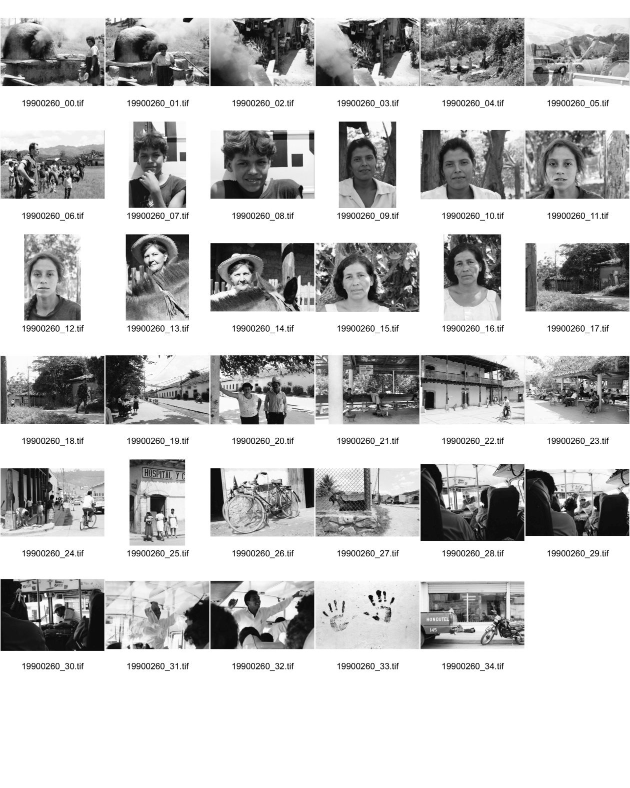 Image of sheet 19900260: Ofen Holz Campesino haus. Bauernhaus UNO-Soldaten und Kinder. Portrait. Frauen Frau mit Pferd. Maribel Rodriguez Gimenez (24) zwei Kinder Nr. 12. von Hicaro Nueva Segovia Nic. Flüchtling refugee: « Der Krieg bringt nichts. Die Contra und die FSLN haben nicht mit den Waffen gesiegt, wie sie glauben.» Dorf und Soldat patrouilliert. Patroullie Patrol Patrulie Danli Strassenszene. Fahrräder. Hospital. Spital Ziege. Busszene. Bussfahrender Händler. Handabdruck an Hauswand. Schlafendes Strassenkind. Hondutel. Honduras 1990