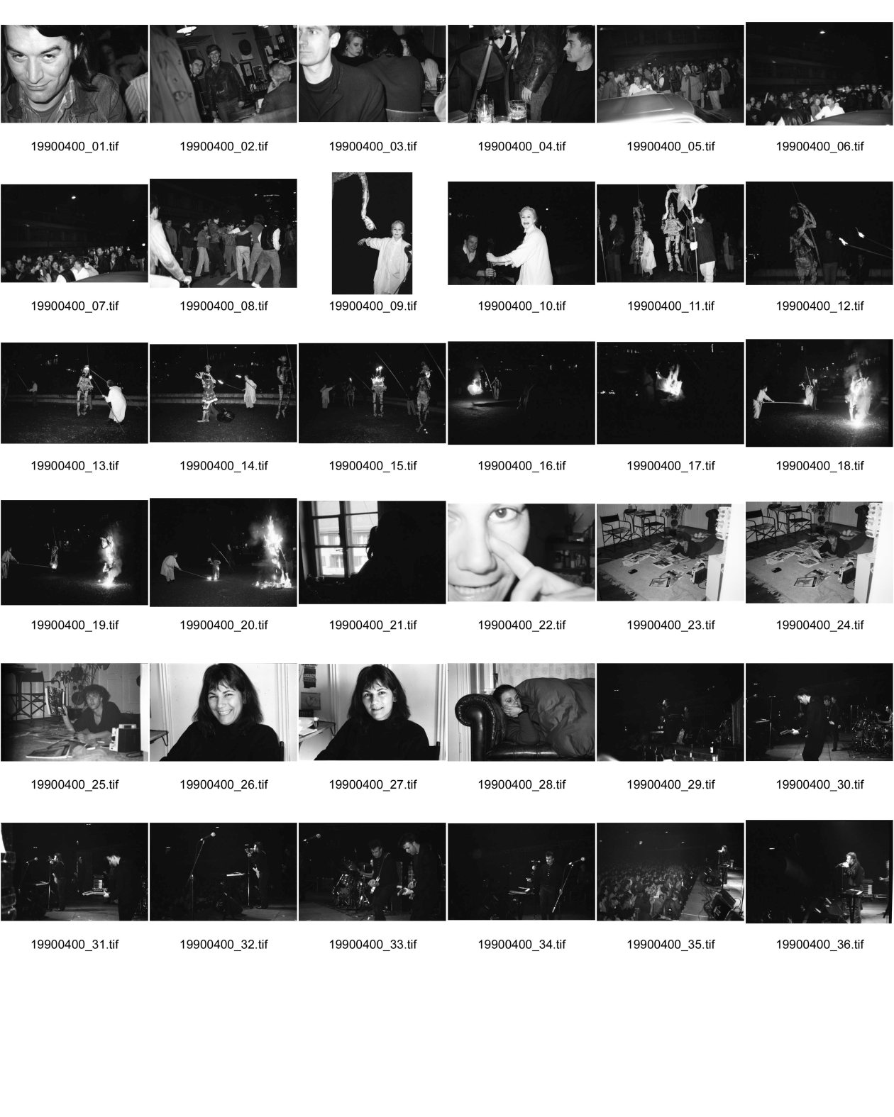 Image of sheet 19900400: Konzert Züri 1990 im Hallenstadion mit Züri West. Portrait Gundula Schulze. Stefan Nestler. Olivia. Erismannhof Puppenspiel mit Feuer am Escher Wyss-Platz mit Monika ?. Portrait. Mihaly Varga und David und Chrigel Christian Braun GAF Zürich Schweiz 1990