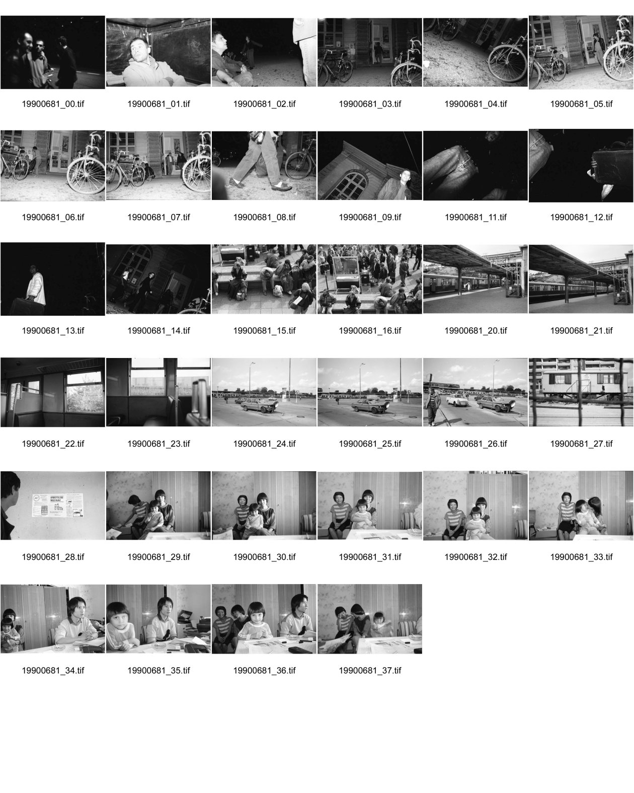 Image of sheet 19900681: Carlo Edi Hebeisen Kanzleiturnhalle Nachts. Ost Berlin DDR GDR Alexanderplatz. S-Bahnhof. BMW Total Schaden Unfall. Trabant. In der Beratungsstelle für Vietnamesische Arbeitnehmer Innen, Nguyen Luu Huong Quang, mit seiner Tochter. 1143 Berlin Marzahn Schorfheidestr. 6/0203. Postadresse: Tamara Hentschel (Beyreiss) Belziger Ring 21/0604 1143 Berlin Marzahn Nord. Berlin former GDR
 engl.
Nguyen Luu Huong Quang is sitting in his information office for Vietnamese workers in East Germany. Quang built up this information office without any help from the East-German state. Apart from this job he is also a considerate father and looks after his daughter.
