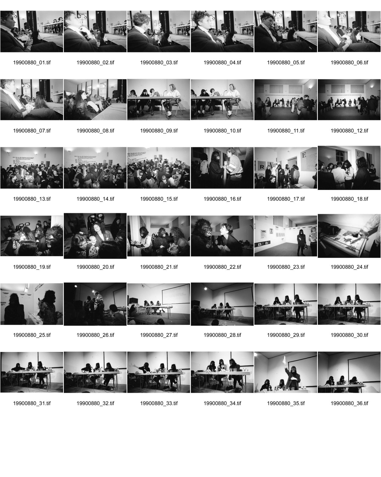 Image of sheet 19900880: frtsg. 900870 Nr. 1 - 8 allg. Nr. 9-10 Podiumsgespräch re aussen Gilomen. Nr. 16 - 36 Guerilla Girls, Gorilla Girls. N.Y.C. 
Friedericke Mayröcker (li) Prof. Soziologin Karin Knorr Cetina (mi)
in Basel 1990 während einem Symposium über Wissenschaft und Künste