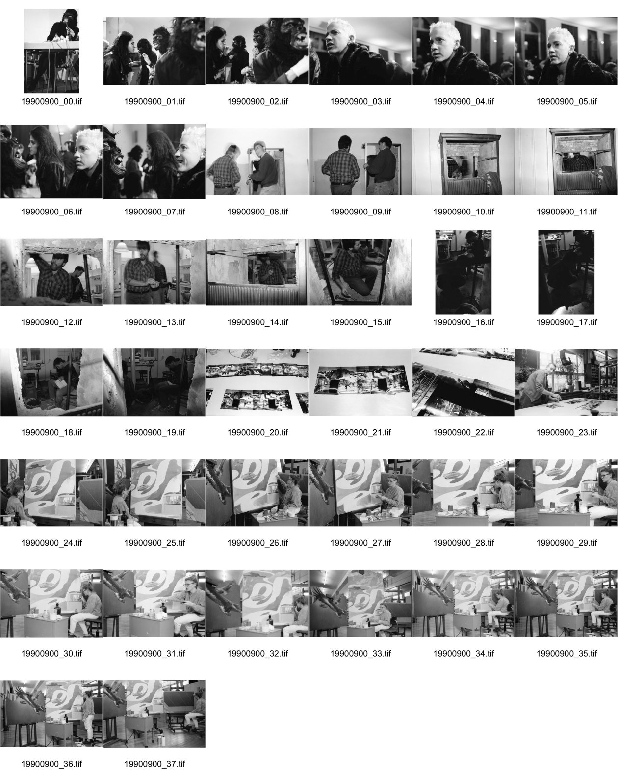 Image of sheet 19900900: frtsg. 900880  Guerilla Girls Gorilla Girls. Und Kathy Acker.
 Ich kriege einen neuen Holzofen im Erismannhof.Restaurierung eines Bildes von Hans Erni für die Heureka. Es wurde für die Landi (39) gemalt. IBM Heft.