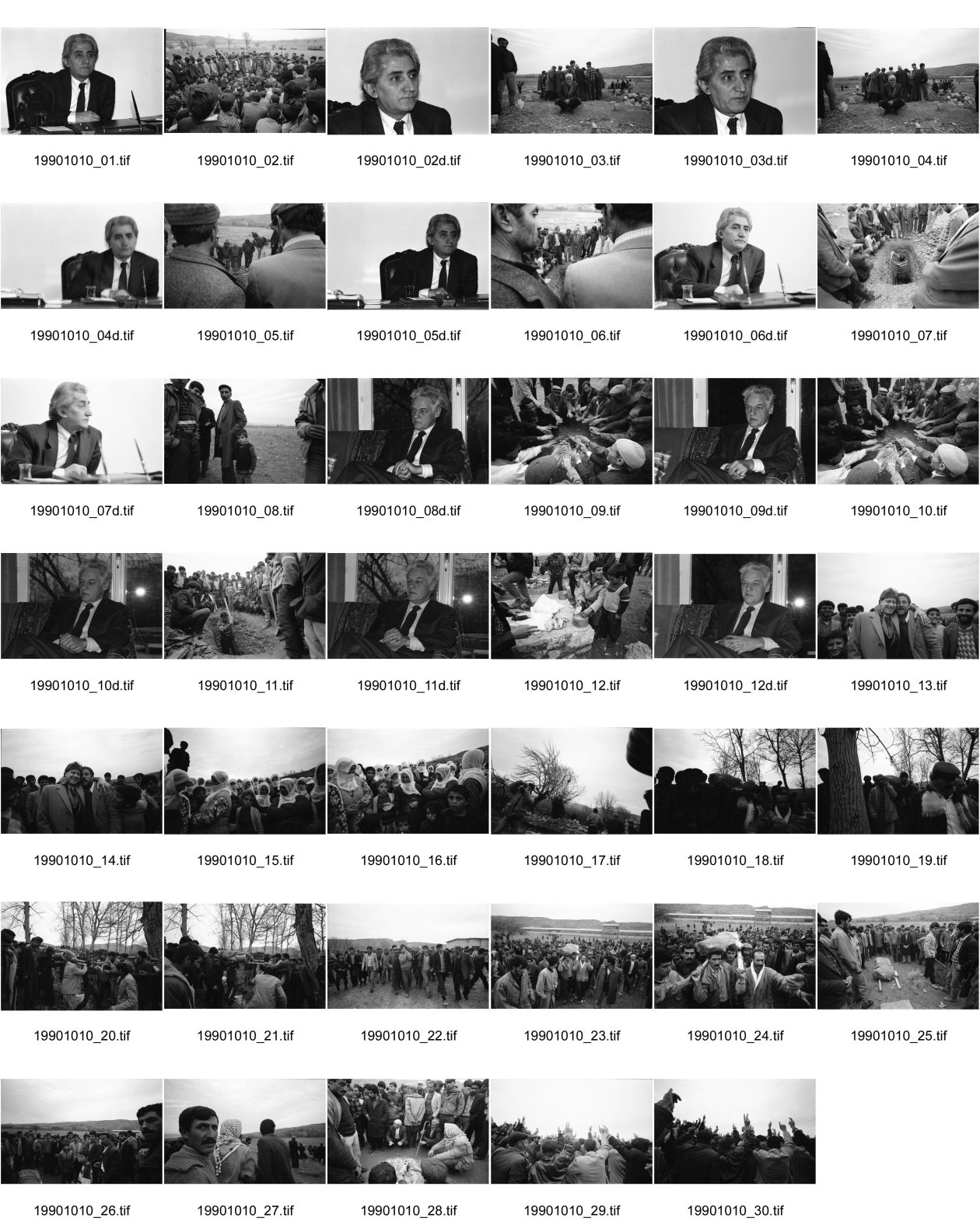 Image of sheet 19901010: Portrait Nevczat Helvaci Präsident IHD Menschenrechtsverein Türkei in Ankara. CH er Schweizer Botschafter in Ankara Herr Adolf Lacher.
In Dabulö bei Lice beerdigen die Männer die 27 ig jährige Bäuerin und Mutter von vier Kindern Kudret Filiz. Die Hände der Männer kommen  über dem warmen Feuer zusammen. Beat Schuler und ein Kurde. Die Frauen weinen und trauern getrennt von den Männern. Die Männer tragen die Leiche zum Grab. Das Friedenszeichen wird immer wieder gesehen und das Begräbnis wird zum politischen Protest.
Türkei Kurden Kurdistan Kurdish Turkey Turkish 1990