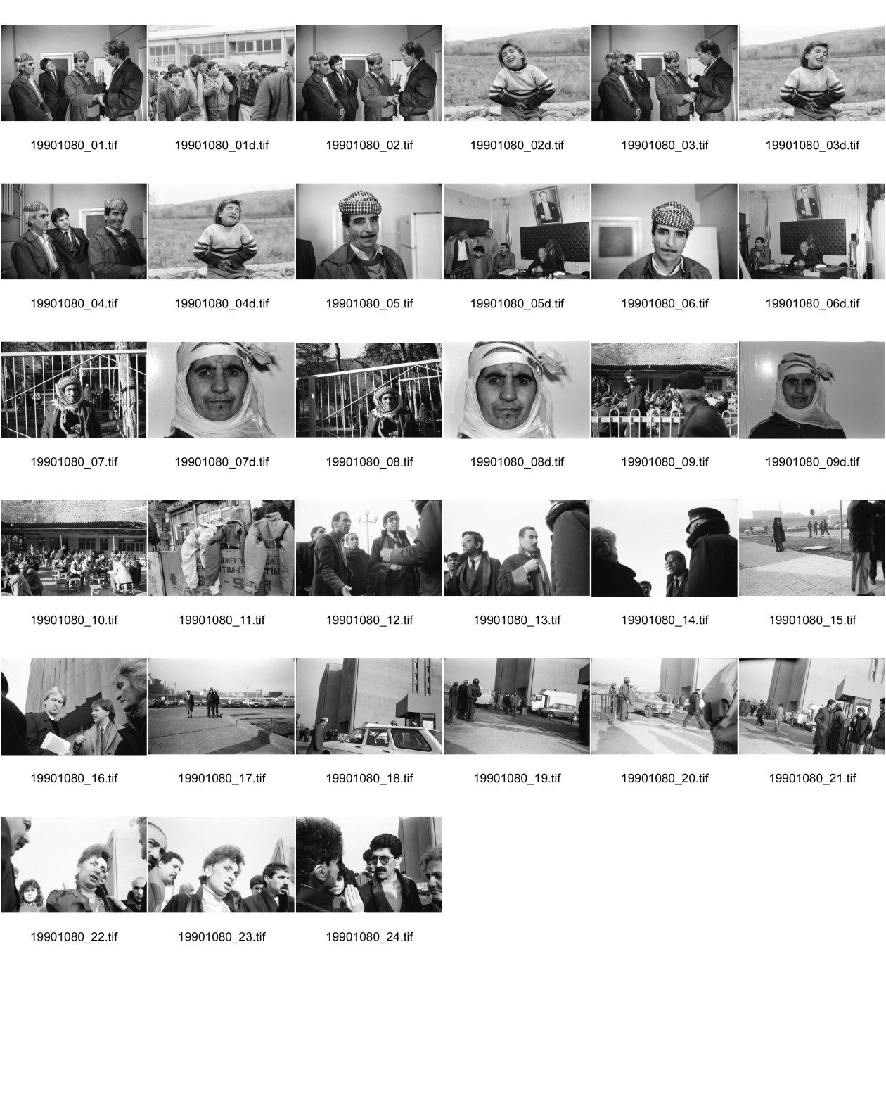 Image of sheet 19901080: frtsg. 901010  Beerdigung in Dabulö. Die Tochter der getöteten Bäuerin Kudret Filiz, sitzt am Rande und schreit ununterbrochen bis ihr alle Glieder zu schmerzen beginnen. Als Mädchen dürfte sie nicht unter den Männer an der Beerdigung teilnehmen. Der Bürgermeister Halit Nazmi Balkas. Portrait von einer kurdischen Frau mit ihren Tätowierungen. Portrait vom irakischen Führer der Peschmerga im dem Irak. Salih Hagi Husseiyn Othman Portrait eines alten Kurden. Die Männer sitzen in einer Teestube. Windjacken hängen wie Menschen an einer Strassentafel. Vor dem Staatsgericht in Ankara stehen die Verteidiger von Vedat Aydin, Mustafa Oezer und Achmet Zeki Okcuoglu, Uebersetzer. Aydin wurde im Juli 91 von Todesschwadronen ermordet. Auch der britische Anwalt von Amnesty International (mit Beat Schuler) darf dem Prozess nicht beiwohnen. Alle Verwandten aus Djyarbakir mussten nach 12 stündiger Fahrt wieder zurück. Kontrolle am Eingang. Im Innern begann ein Protest der Verteidiger und nach einer Stunde wurde unsere Delegation eingelassen.  Kurdish Turkey Kurds