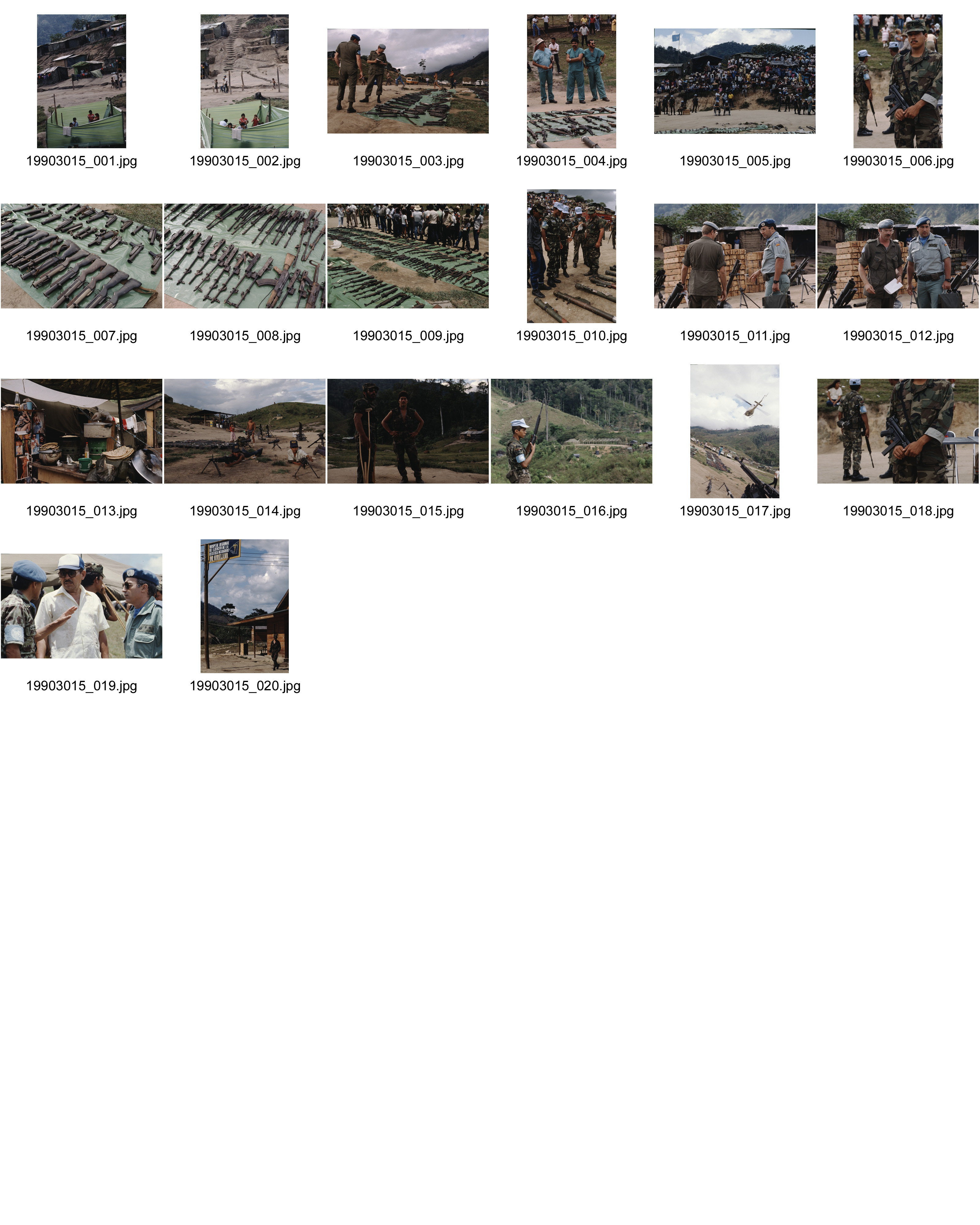 Image of sheet 19903015: Im Lager »Yamales« der Nicaraguanischen Contra-Rebellen sammeln die ONUCA-Truppen (United Nations Observer Group in Central America) Waffen um sie zu zerstören, Yamales Honduras 1990. Demobilizes Nicaraguan Resistance Forces Contra Cmdte. Siro rechts Nr. 19
nr. 18 Beretta ital. Waffe
nr- Spital El Aureliano