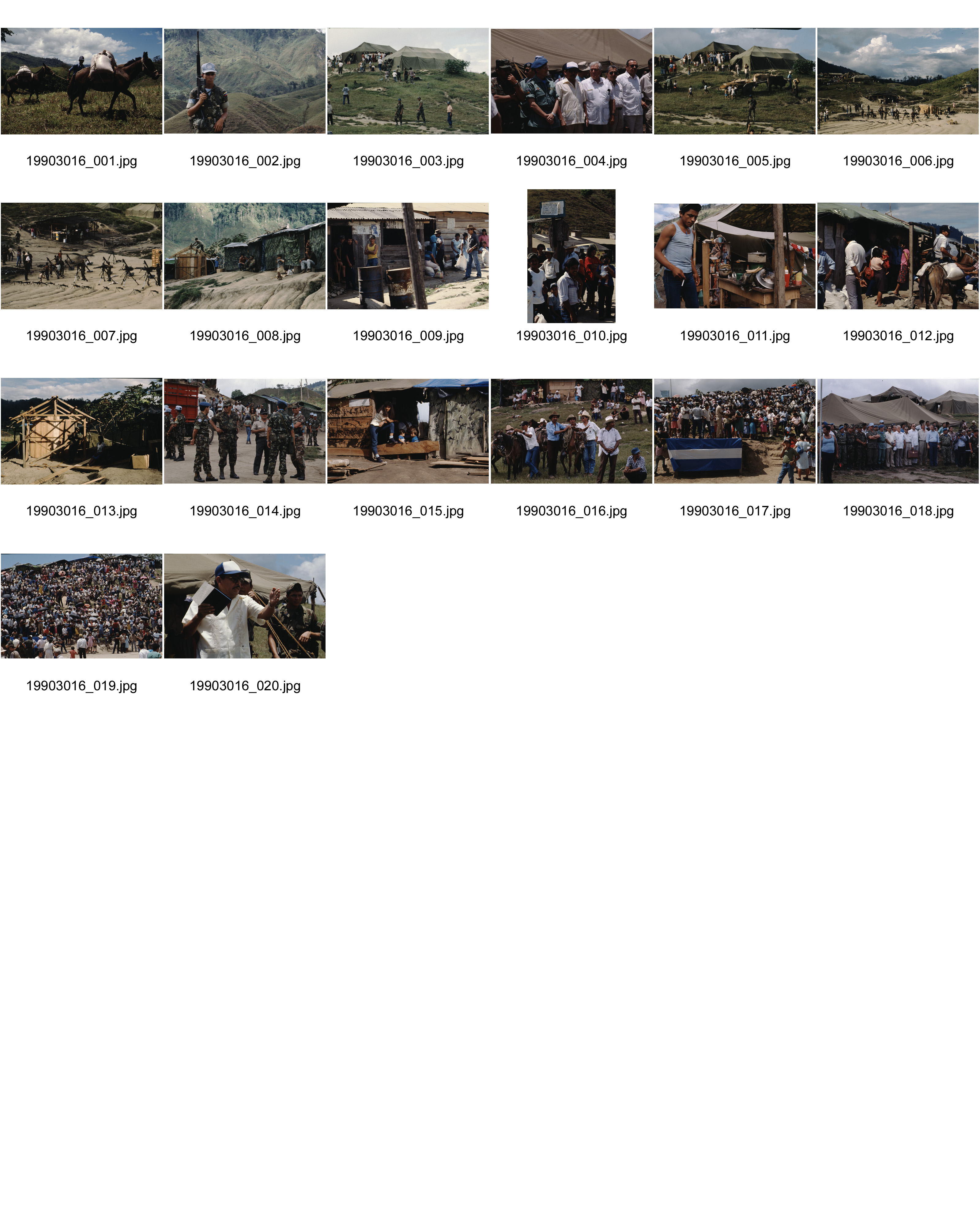 Image of sheet 19903016: Im Lager »Yamales« der Nicaraguanischen Contra-Rebellen sammeln die ONUCA-Truppen (United Nations Observer Group in Central America) Waffen um sie zu zerstören, Yamales Honduras 1990. Demobilizes Nicaraguan Resistance Forces Contra Cmdte. Siro Nr. 20
Venezolanische Soldaten, Nr. 2
Angehörige der Contra-Rebellen.
nr. 1 La Dalia Nicaragua