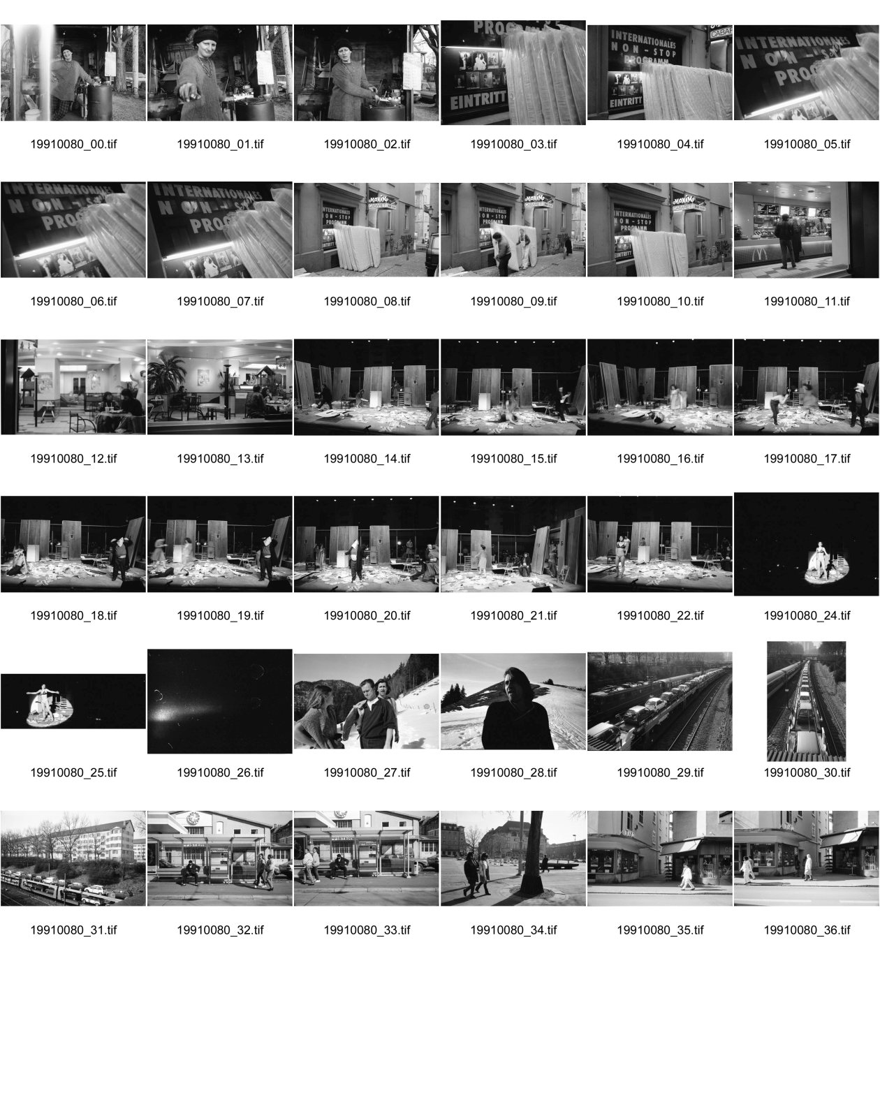 Image of sheet 19910080: Marroni Verkäuferin Fabia am See. Neue Matratzen stehen vor dem Maxim Night Club. Mc Donald Langstrasse. Gruppe Helter Skelter mit Zooopera (mit Fred Frith) in der Gessnerallee. Für CD von Peter Bäder Balz und Mathias Gallati im Zürcher Oberland. Autozug Erismannhof. Hohlstrasse. Farbige Langstrasse. Zürich 1991