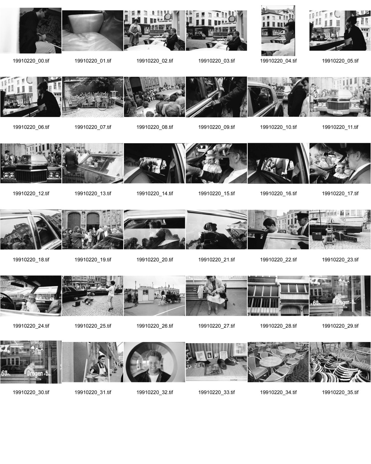 Image of sheet 19910220: Strassenszenen in Antwerpen. Nachdenkliche Personen im Café. Frauen. Stühle aufgereiht. Hochzeitsfest in einer Kathedrale. Die Paare werden in grossen eleganten Fahrzeugen Autos abgeholt. Fensterputzerin. Strassenmusikant. Portrait Urs Tremp. Katzen liegen in einem Schaufenster. Drugstore Drogen 5.- Diener mit Mütze eines Chauffeurs einer Karosse. Zwei Mädchen sitzen in der Limousine. Uniform bilder. Belgien 1991