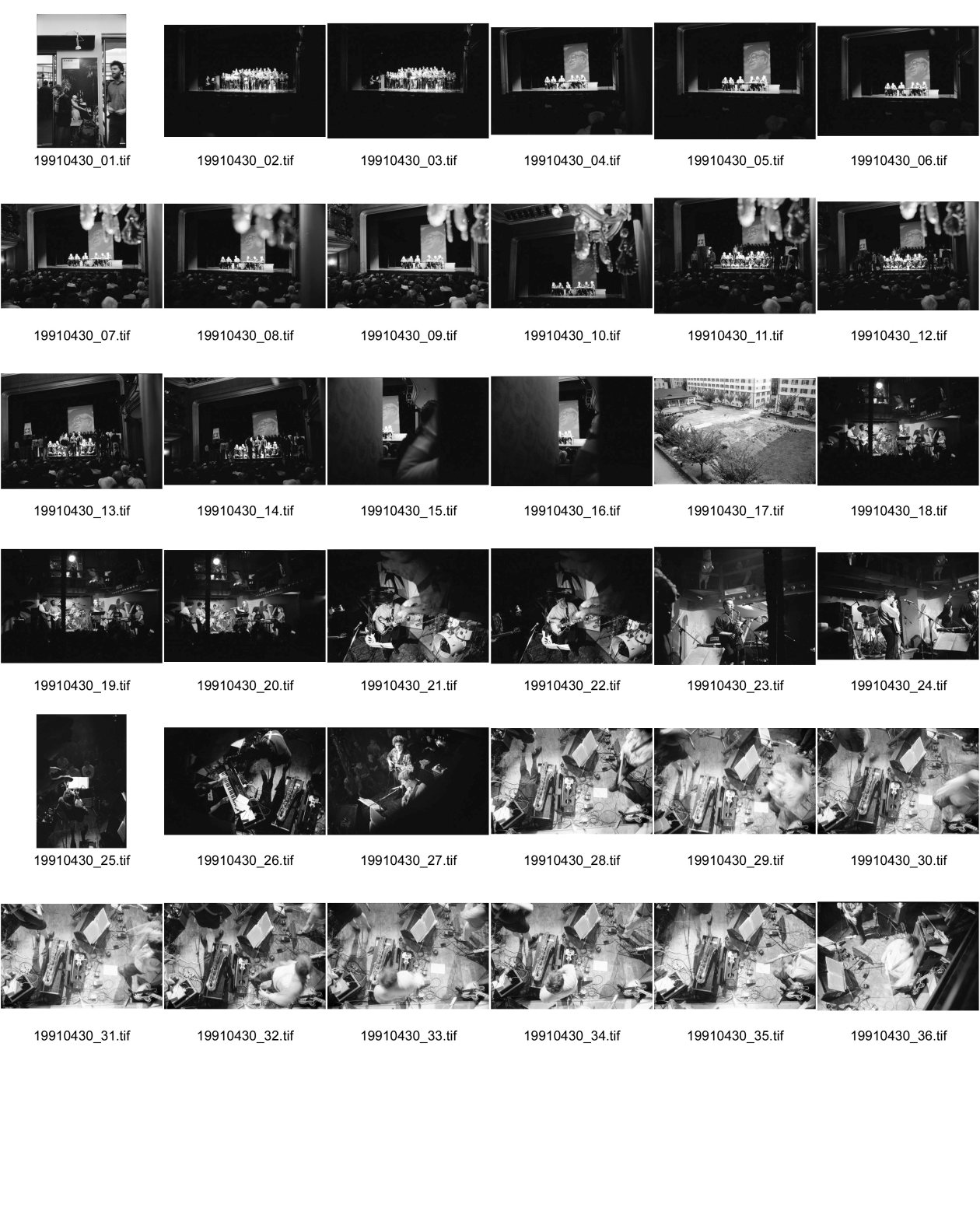 Image of sheet 19910430: Im Schauspielhaus gibt es eine Abdankung für Max Frisch. Er hätte seinen 80 Geburtstag.v.l.n.r. Pädagoge Hartmut v. Hentig, 2. Walter Jens, 3. Adolf Muschg, Gesprächsleiterin? 5. Volker Schlöndorf, 6. Hans Saner. Lesung und Chor mit Kultur und Volk 'Wahrheitsarbeit' Fragen moralische Abenteuer-Ch mangelh.
 Spielkultur. keine Schonung! Aus Notwehr Schriftsteller Am Widerspruch wachsen Erismannhof mit Baugrube. Konzert Keep the Dog mit Bob Ostertag und Fred Frith in Bern Bild von Oben auf seine Instrumente. Er ist verwischt. Zürich 1991 Schweiz Switzerland concert music art jazz