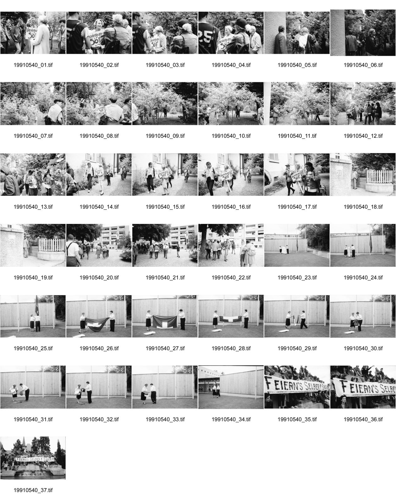 Image of sheet 19910540: frtsg. 19910530 Besetzung Garten Oesterreichische Österreichische Botschaft zur 700 Jahr Feier der Schweiz in Bern. Sekretär Michael Schwarzinger ist besorgt. Frau Botschafter In Nr. 2, nimmt es in Begleitung des Kultur atachees ganz gelassen, während ihr Mann auf dem Rütli der Geburtstag der Schweiz mitfeiert. Die Schweizer Fahne wird von zwei Damen schön eingezogen und zusammengefaltet. Gruppenbild der Leute am Brunnen in Bern mit u.a.
Thomas Hämmerli Philipp Anz Fredi Meier Karin Koch Pascal Derungs Josy Meier Regula Bochsler Dani Hitzig 1991 «Feiern's selber! Sakra!»