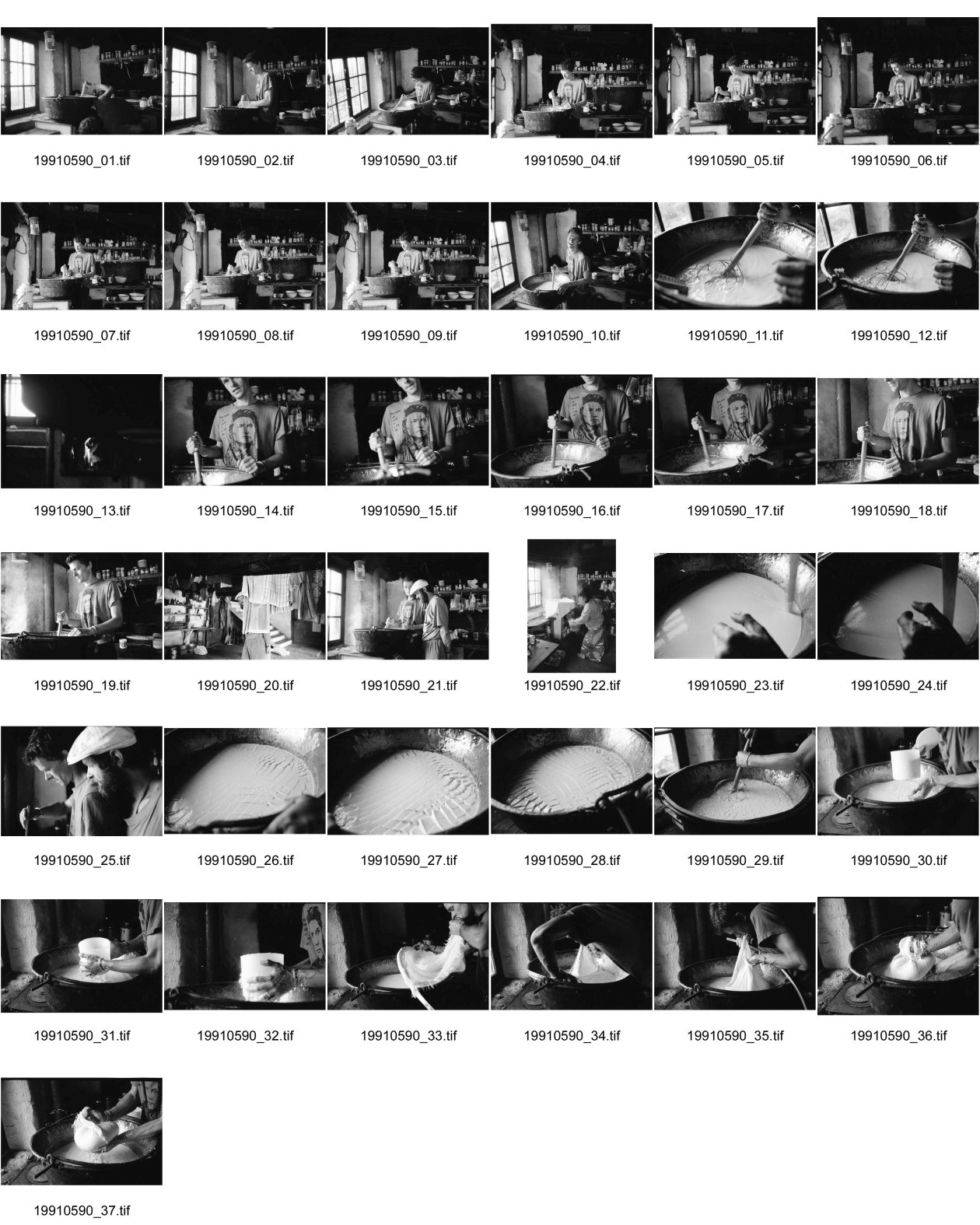 Image of sheet 19910590: Jürg Bernhard beim Käsen auf der Alp Grava. Käseherstellung im Chessi Kessel über dem Feuer 1991 alp farming bio Switzerland alps mountain farm cheese Europe Schweiz Svizzera fyer place swiss traditional farming biological