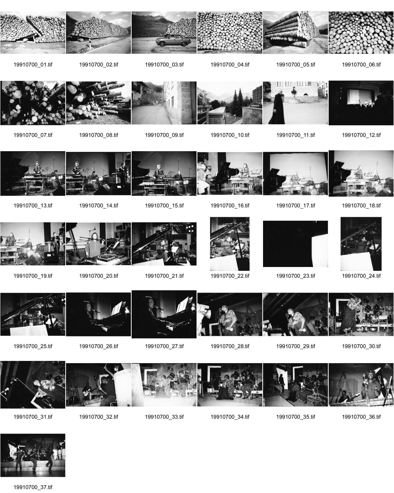 Image of sheet 19910700: Während den Unwetttern von 1990 sind einige tausend Tonnen Holz gefallen. Hier wurde es neben der Passstrasse aufgeschichtet. Im Casino vom Kloster Disentis spielt Corin Curchellas mit Steve Agüelles und Stella Chiveshe und ihre Gruppe Earthquake. Graubünden Kanton Grisons 1991