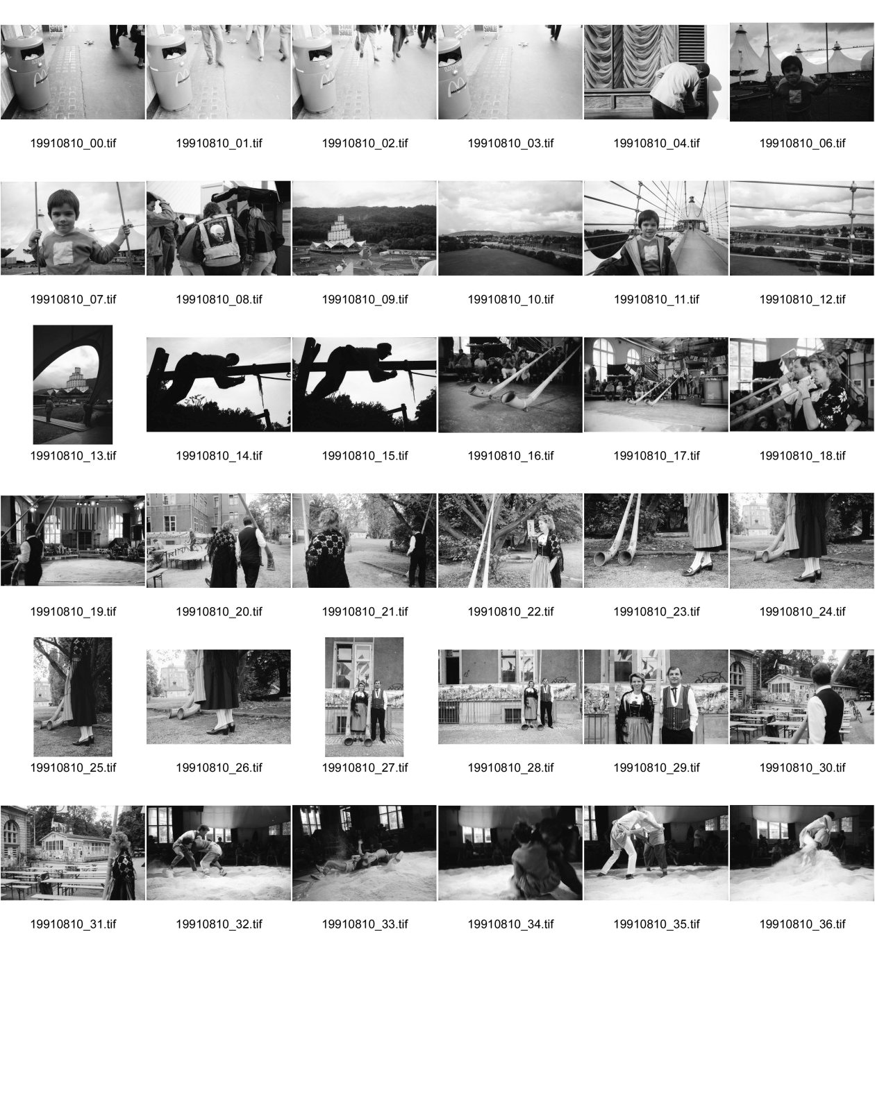 Image of sheet 19910810: frtsg. 91080 London Mc Donald's Abfallkonzept. Portrait Arina Junge Rockers. Heureka. Arina Heussler in der Heureka Austellung. Franziska von der Spielplatzanimation Kreis 4 vier Kanzleischulhaus. Alphornbläser Alphorn und Paar in Tracht in der Kanzleiturnhalle anlässlich der ' Schwinget Schwingen 
Aussersihl 1991 Zürich Schweiz Switzerland

© 1991, OLIVIA HEUSSLER / www.clic.li