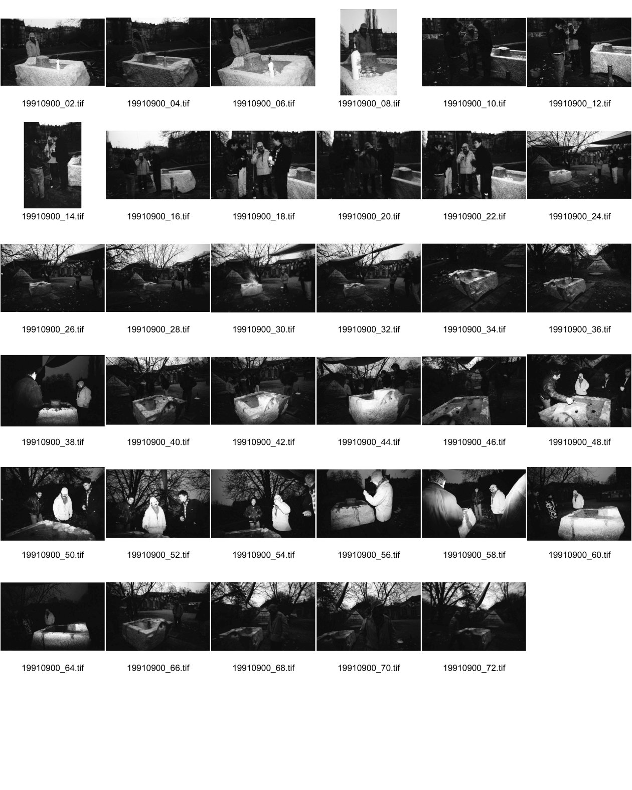Image of sheet 19910900: frtsg. 910890 Brunneneinweihung von Paul Sieber im Kanzleischulhaus. auf den Namen Olivia siehe TAgi. mit Jürg und Eric. ORWO Film vor Abstimmung. Zürich Kultur Kunst 
art artist Kreis vier 4 Aussersihl cultural center culture Europe swiss Switzerland 
sculpture