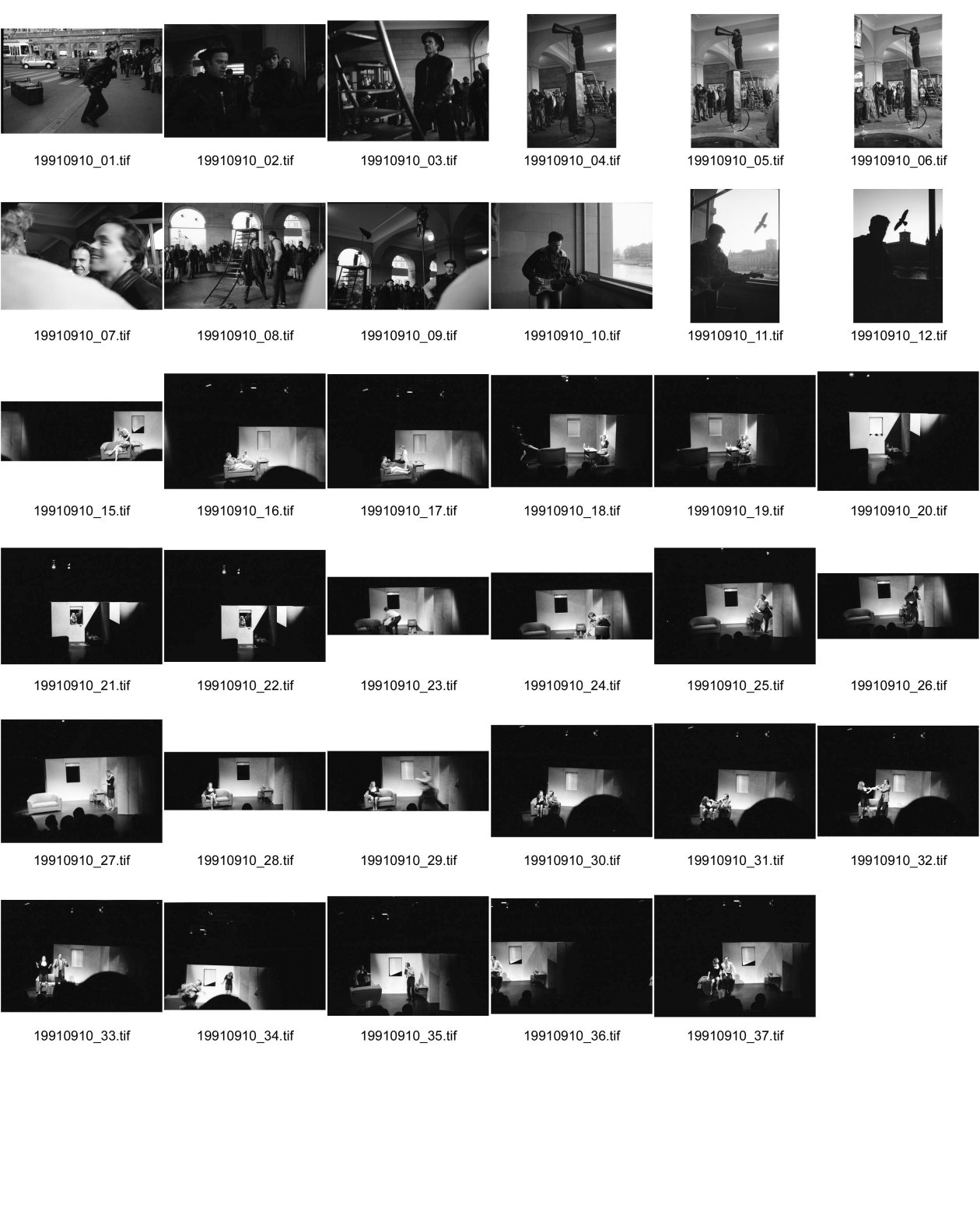Image of sheet 19910910: Knopp Ferro Hinterecker im Helmhaus an der Weihnachtsausstellung. mit Fluchturm. Zürcher Kunstszene. Portrait. Heinz X spielt, von Happysad. Theaterstück 'Lover' von Carlos Trafic, Regie. mit Elisabeth Günter und Urs Häusermann. Bühnenbild von Regula Blass Bau Wäne Heers. in Winterthur. 1991 Zürich