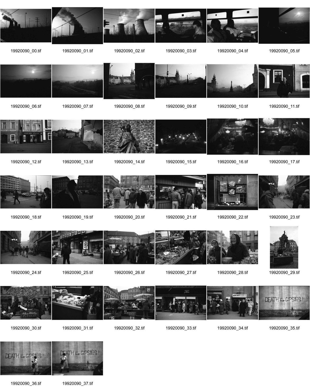 Image of sheet 19920090: Braunkohlebergwerke im Erzgebirge. bei Kadane. Das Dorf Kadane. Jan Svan vor seinem Haus in Kadane. Die Luft liegt voller Kohlestaub.Nacht in Prag. Schaufenster in Brno. Alte Marktfrauen in Brno. San Sebastian.Schlangenstehen. Death for Gipsies. Brno ehemalige Tschechei Tschechien Tschechoslowakei