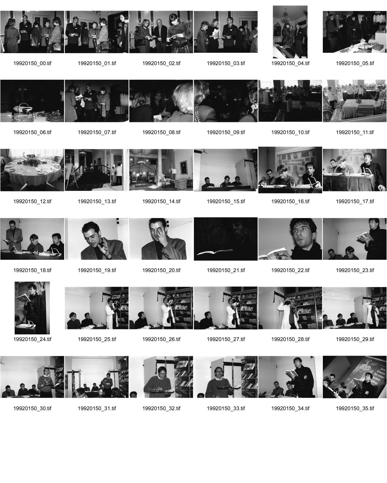 Image of sheet 19920150: frtsg. 920140 Bally Presse lunch Marie Louise Stickelberger TA Nr. 3. Arbeitnehmerinnen im Hotelbetrieb Hotel Dolder. Treppe und Restaurant von Innen. Interieur.
Lesung im Buchladen von Paranoia City. mit Raphael Zehnder alias Eva Maria Cuchulain, li. M. Spitteler, mi. und re. Constantin Seibt. Tomi Thomas Geiger macht Performance mit kleinem Plüschaffen. Pfui und Schoggihuhn. Portrait. Zürich 1992