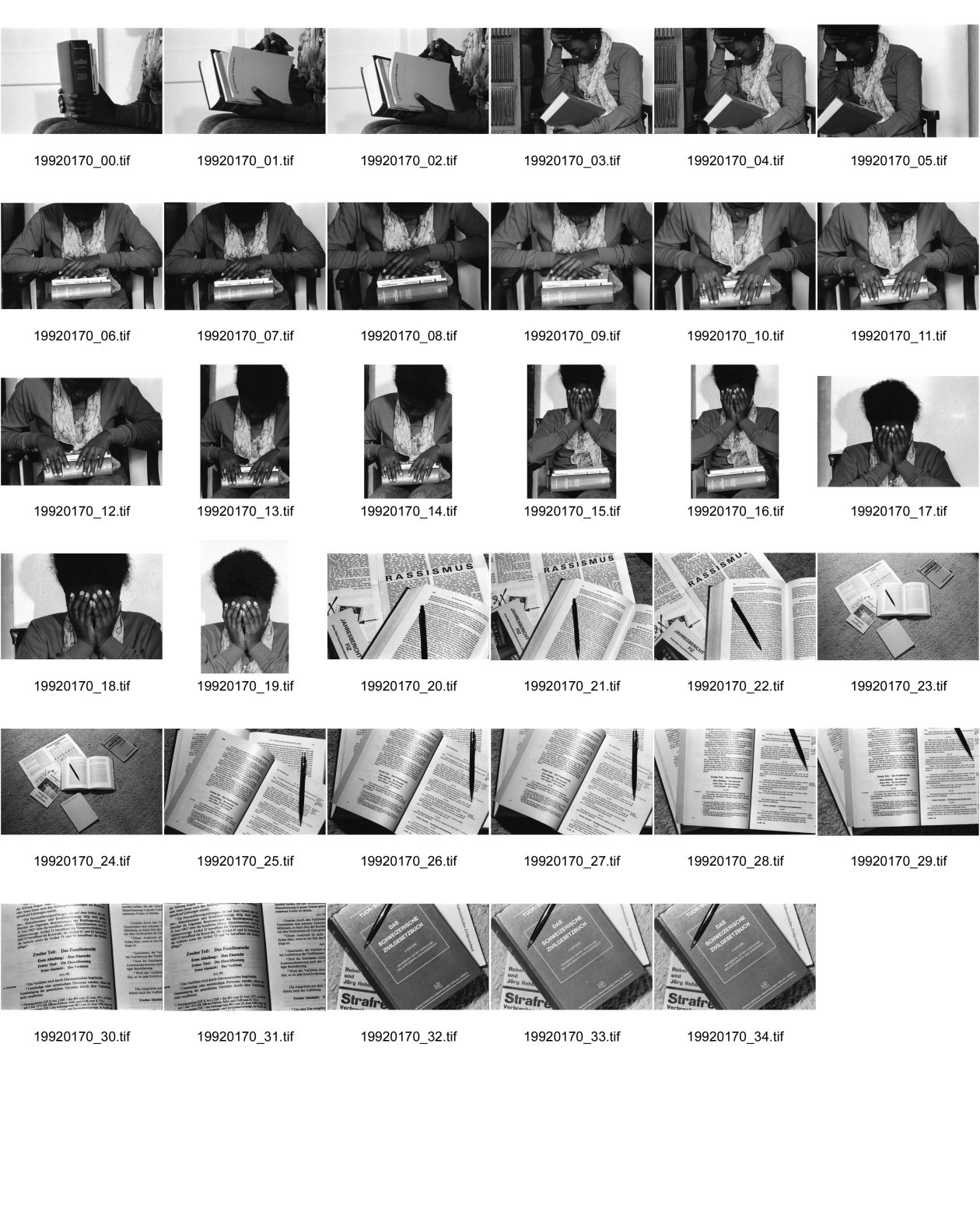 Image of sheet 19920170: frtsg. 920160 Das Schweizerische Zivilgesetzbuch in den Händen einer Afrikanischen Einwanderin. FIZ Zürich, 03.92 1992 Erismannhof 
Schweiz Switzerland Europe Europa Swiss Aussersihl Chinwe Speranza
A immigrant from Nigeria tries to understand the Swiss Civil-law.

Schweiz Switzerland Europe Europa Swiss