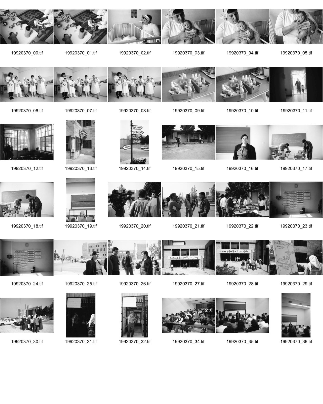Image of sheet 19920370: frtsg. Ernährungsspital Terres des Hommes. Schoppen.
Die palästinensische Krankenschwester betreut im Terres des Hommes Ernährungsspital in Bethlehem unterernährte Säuglinge. Palästina 04.92
Ernährungsspital Terres des Hommes. Schoppen. Bethlehem Palestine
Palestinian nurse in Terres des Hommes Hospital of nutrition in Bethlehem, takes care of undernourished newborn's.
 29.05.92 Universität Birzeit eröffnet nach 4 Jahren. Sponsorennamensschilder. Portrait Sumaya Nazer. Vorlesungssaal.
"House of Meat"; Hebrew: בֵּית לֶחֶם Bēṯ Leḥem, Modern: Bet Leḥem, IPA: [bet ˈleχem], lit "House of Bread;" Greek: Βηθλεὲμ, Vithleém) is a Palestinian city located in the central West Bank, neighboring south Jerusalem, with a population of about 25,000 people. It is the capital of the Bethlehem Governorate of the Palestinian National Authority. The economy is primarily tourist-driven
Sumaya Farhat Naser (Arabic: سمية فرحات ناصر‎, born 11 June 1948 in Bir Zeit) is a Palestinian Christian peace activist in the West Bank.

Birzeit University (BZU) (Arabic: جامعة بيرزيت‎) is a public university located in Birzeit near Ramallah, Palestinian territories. BZU is among the foremost tertiary educational institutes in the Palestinian territories and has played a significant role in the Palestinian political dialogue.It is the first institution of higher education to be established in the Palestinian territories and is considered as one of the most prestigious universities in the West Bank.Furthermore, BZU has the highest admission averages among other Palestinian universities