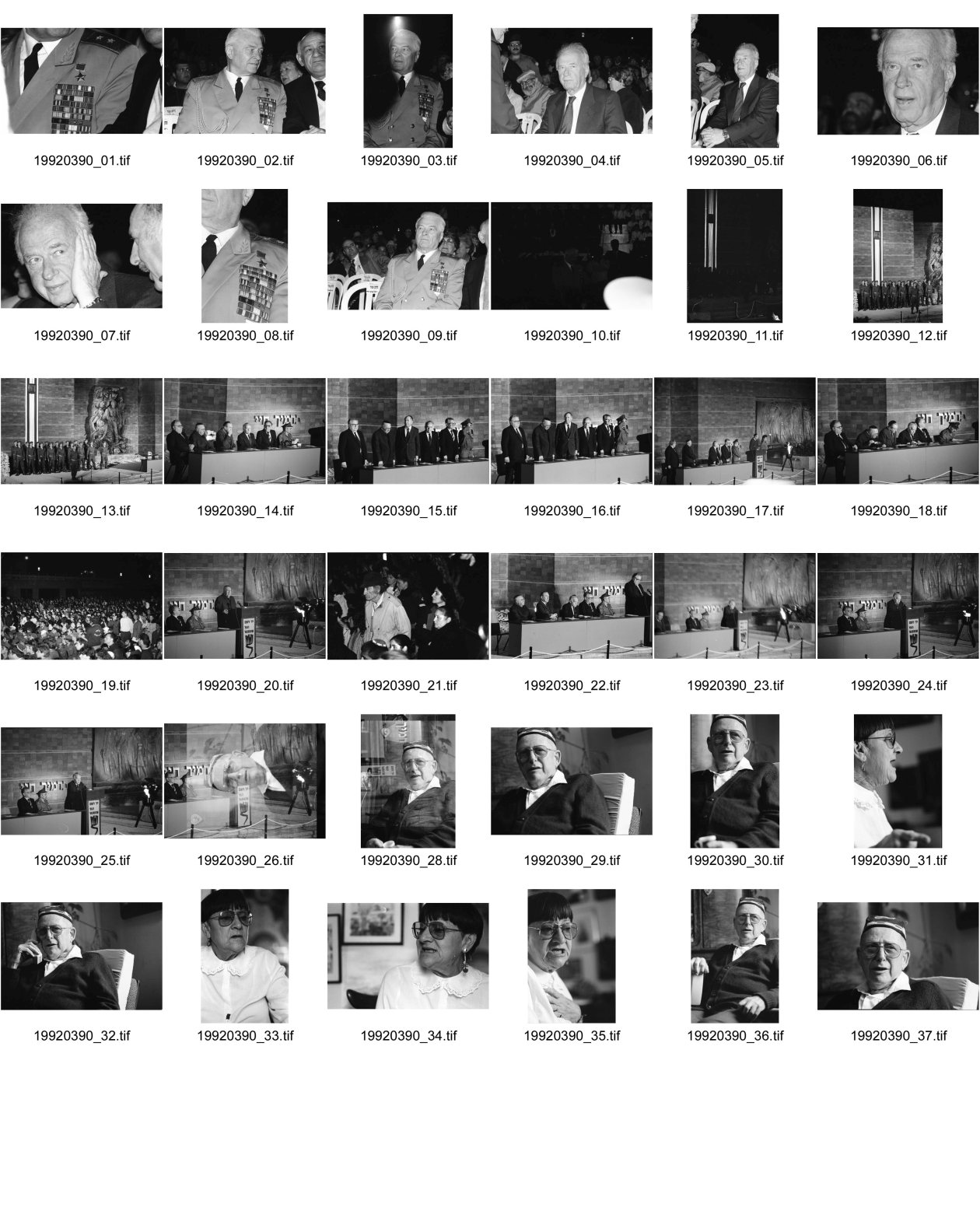 Image of sheet 19920390: Yad Vashem (Hebrew: יד ושם‎‎ (Holocaust Martyrs' and Heroes' Remembrance Authority) is Israel's official memorial to the Jewish victims of the Holocaust, established in 1953 through the Yad Vashem Law passed by the Knesset, Israel's parliament.
Portrait: General Wassili Petrenko, Befreier von Ausschwitz, vor 50 Jahren und Rabin. (Labour).
 Yitzhak Rabin (help·info) (Hebrew: יִצְחָק רַבִּין ‎‎ IPA: [jitsˈχak ʁaˈbin]; March 1, 1922 – November 4, 1995) was an Israeli politician, statesman and general. He was the fifth Prime Minister of Israel, serving two terms in office, 1974–77 and 1992 until his assassination in 1995.

In 1994, Rabin won the Nobel Peace Prize together with Shimon Peres and Yasser Arafat. He was assassinated by right-wing Israeli radical Yigal Amir, who was opposed to Rabin's signing of the Oslo Accords. Rabin was the first native-born prime minister of Israel, the only prime minister to be assassinated and the second to die in office after Levi Eshkol.

Orden. Gruppe mit Ytzhak Shamir, 3 von re. Soldaten. Shamir spricht. 
Yitzhak Shamir (help·info) (Hebrew: יצחק שמיר‎, born Icchak Jeziernicky; October 15, 1915) is a former Israeli politician, the seventh Prime Minister of Israel, in 1983–84 and 1986–92.
Portrait von Eliezer Feiler, im Kibbutz ad Hanna.Lev Hasharon.Portrait von Pnina Feiler. Israel 1992

Yad Hana (Hebrew: יַד חַנָּה, lit. Hannah's Memorial) is a Community settlement and former kibbutz in Israel's Sharon plain. Covering 2,600 dunams, it is located within the Hefer Valley Regional Council near Highway 57 north of the country's center. In 2006 it had a population of 208. In 2010, the Kibbutz movement newspaper Daf HaYarok reported that it numbered 140 member