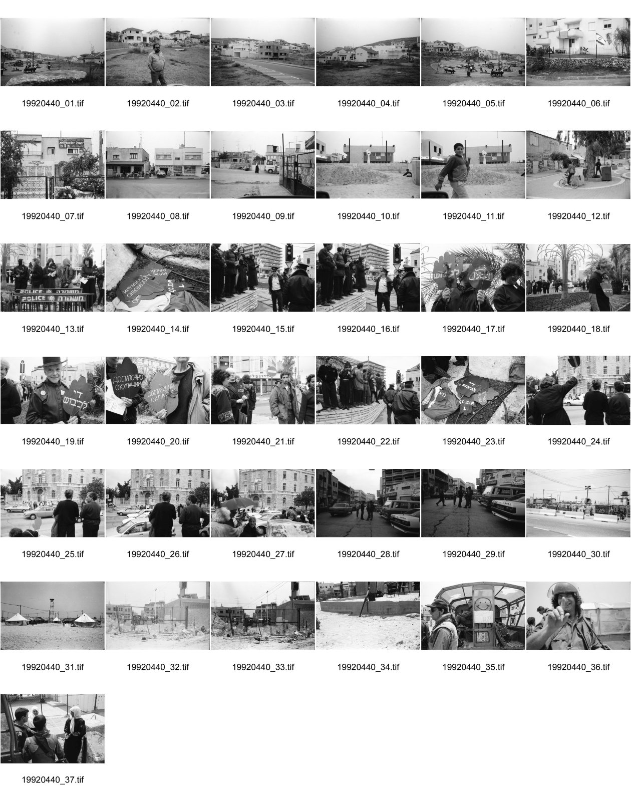 Image of sheet 19920440: Charles Landsmann in der grössten und ältesten Siedlung Elkana. Kinderspielplatz mit Eltern. Israel. Fahne in Eigenheim in Oranit. Denkmal im arabischen Dorf Kafr Kassen. Ort von Fundi Sheik Daoisch. Denkmal für 1956 von Israelis massakrierten Bauern. Suezkrieg. 8.5. «Women in Black» protestieren für ein Ende der Besetzung. «End the Occupation» am King Georg Platz. Polizei überwacht Sie. Orthodoxe Juden protestieren gegen die Frauen in Schwarz. Für eine Besetzung. Polizei kontrolliert junge Palästinenser an Salah al Hedin Street. 

Gaza Militär Camp einer Artillerie Brigade  aus dem Norden . Soldatenpatroullie spricht mit Palästinenserinnen, sie suchen ihre Söhne.
Israel Jerusalem Gaza Khan Younis 1992

Women in Black (Hebrew: נשים בשחור‎, Nashim BeShahor) is a women's anti-war movement with an estimated 10,000 activists around the world. The first group was formed by Israeli women in Jerusalem in 1988, following the outbreak of the First intifada.

The Kafr Qasim massacre took place in the Israeli Arab village of Kafr Qasim situated on the Green Line, at that time, the de facto border between Israel and the West Bank on October 29, 1956. It was carried out by the Israel Border Police (Magav) and resulted in 48 Arab civilians dead, including 6 women and 23 children aged 8–17. Arab sources usually give the death toll as 49, as they include the unborn child of one of the women.


Al-Shati camp (Arabic: مخيّم الشاطئ‎), also known as Beach camp, is a Palestinian refugee camp located in the northern Gaza Strip along the Mediterranean Sea coastline in the Gaza Governorate, and more specifically Gaza City. The camp's total land area consists of 727 dunums. According to the Palestinian Central Bureau of Statistics (PCBS), al-Shati had a population of 87,158 inhabitants in mid-year 2006, while the United Nations Relief and Works Agency (UNRWA) reports a population of 78,800 registered refugees. The camp is the third largest refugee camp in the Palestinian Territories