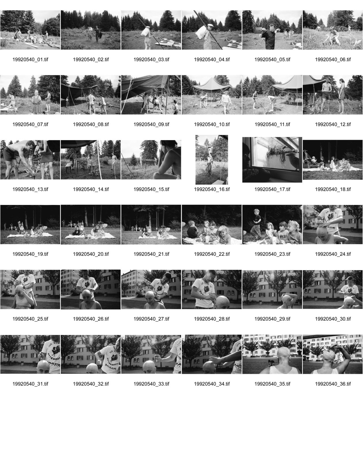 Image of sheet 19920540: Mathis Pilloud stellt sein Zelt auf. Alex Stierli, Thomas Dieti Andrea und Ma Schellenberg. Familiengrill  v.l.n.r. Salome Stevens Boris, Cristina Malach Chrissie, Dustin Dreiding, Thomas Malach, Ruby Stevens und Sarah Dreiding. Achmed v. Wartburg rasiert Kopf von Clara Moreau, der Tango Strassensängerin im Erismannhof.
