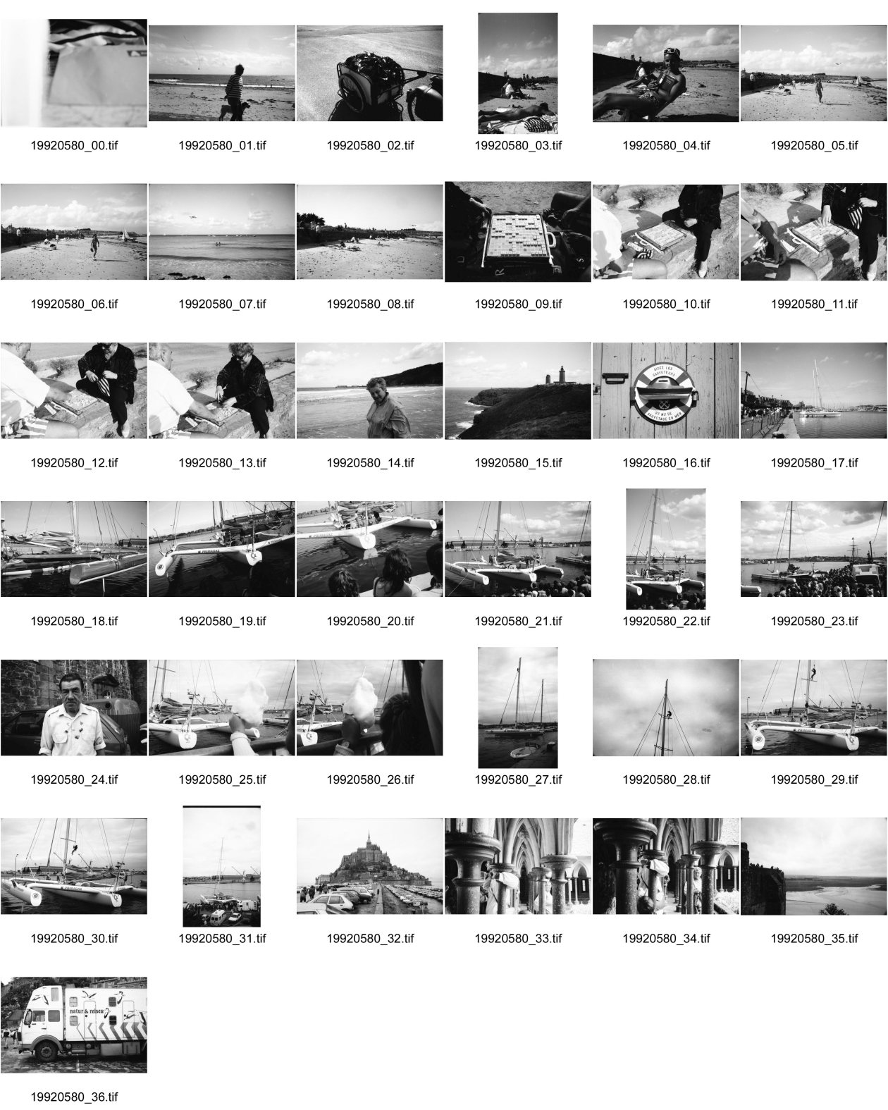 Image of sheet 19920580: Am Strand von Quiberon. Mann mit Hund. Frau in Tanga an der Sonne. Olivia. Spiele am Strand. Flugzeug landet über den Köpfen der Badenden. Zwei ältere Rentner spielen am Strand Scrable. Ruth. Leuchturm von Cap Fréhel. Hilfe für die Retter auf hoher See, Kasse. Die Gewinner Segeljacht Trimaran von der Regatta Quebéc- St. Malo und brauchte 8 Tage, 5 Stunden und 49 MInuten. der Skipper wird vom TV interviewt. Multicoques Laurent Bourgnon auf Primagaz ist Gewinner. Er ist halb Schweizer halb Franzose. unter den Franzosen gesegelt. Daneben Pierre 1er von Florence Arthaud  ist 2 ter geworden. 2896 Seemeilen. Zuckerwatte und Trimaran. Mann auf Mast. Mont St. Michel und Touristen Parkplätze. 
Ruth Guggenheim Heussler steht unter den Bogen des Kloster
Natur Reisen Bus mit Schlafplätze. 1992 France Frankreich