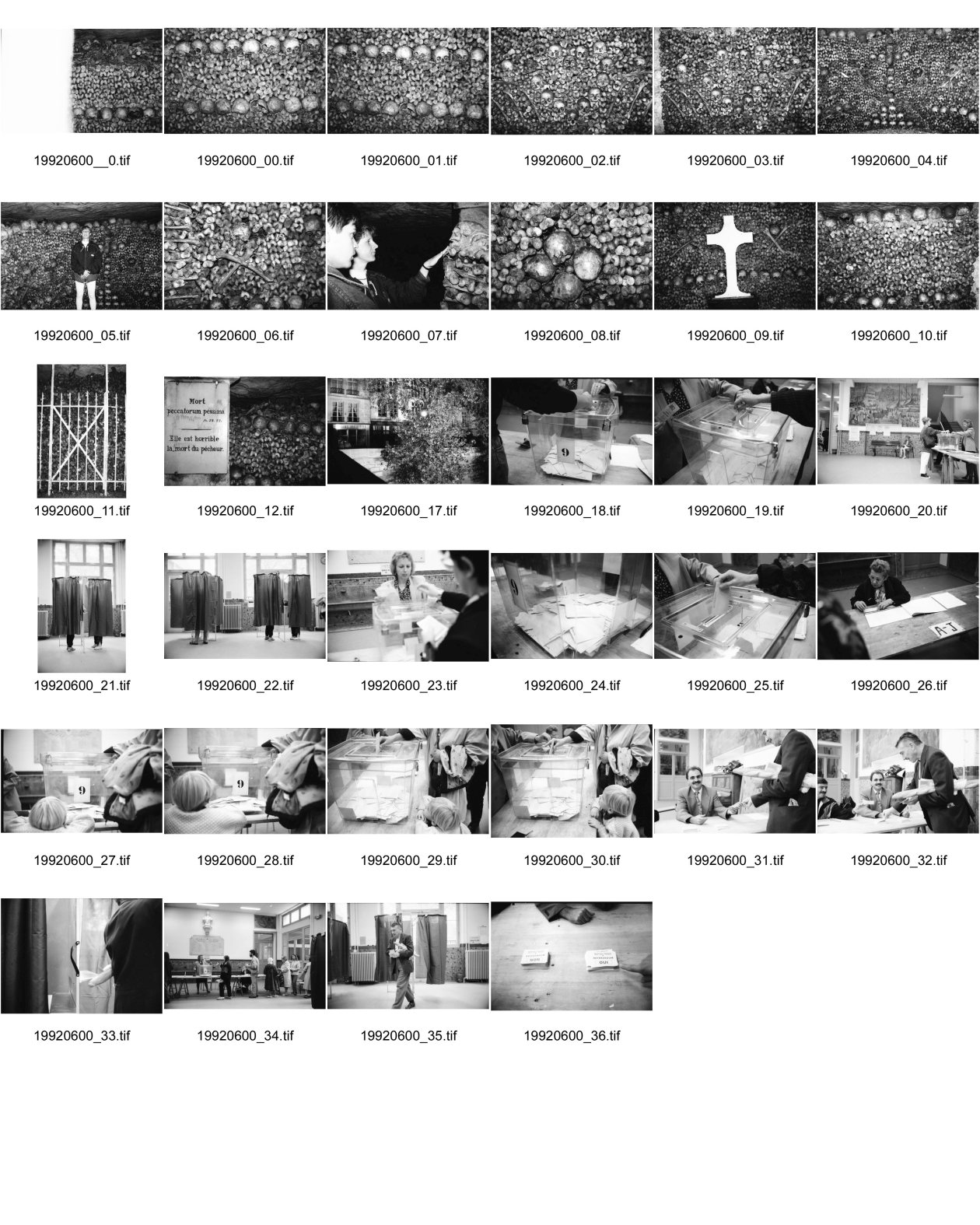 Image of sheet 19920600: Mit Esther Woerdehoff und X in den Katakomben Place Denfert Rochereau Tor von alter Stadtmauer ehem. Zollhäuser Kalksteinlager ausgebeutet seit 1785 wurden die leeren Steinbrüche mit Millionen Knochen und Schädeln der zahlreichen Friedhöfe ausfefüllt. Nach Freidhöfen geordnet. Kreuz. In einer Schule wird über das Referendum (Maastrichter Verträge über Beitritt der Franzosen in die EG) abgestimmt. OUI und NON. Vorhang system. Mann mit Baguette unter dem Arm. Paris France frankreich 1992

The Catacombs of Paris or Catacombes de Paris are an underground ossuary in Paris, France. Located south of the former city gate (the "Barrière d'Enfer" at today's Place Denfert-Rochereau), the ossuary holds the remains of about six million people and fills a renovated section of caverns and tunnels that are the remains of Paris's stone mines. Opened in the late 18th century, the underground cemetery became a tourist attraction on a small scale from the early 19th century, and has been open to the public on a regular basis from 1874. Following an incident of vandalism, they were closed to the public in September 2009 and reopened 19 December of the same year