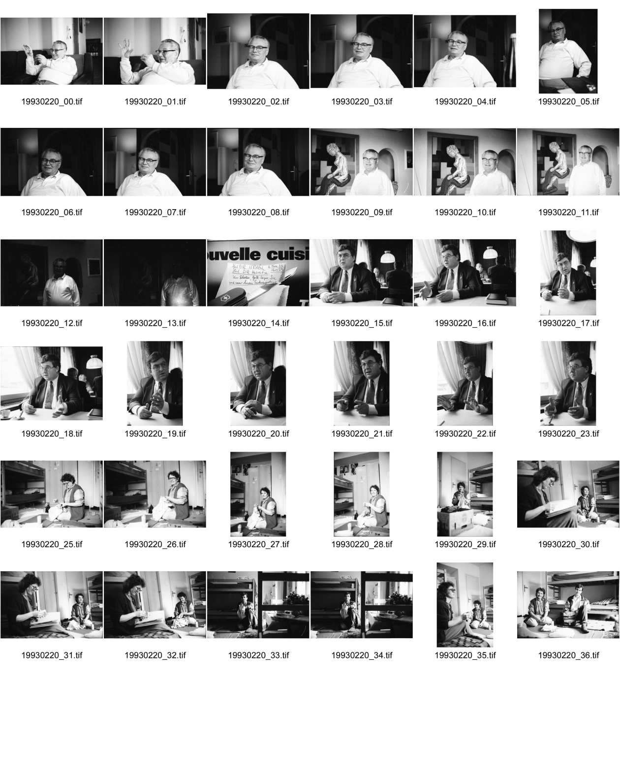 Image of sheet 19930220: frtsg. Ota Sik vor seiner Malerei. 25.03. 93 Portrait Präsident Wirteverein Kanton Zürich. Bahnhofbuffet Wollishofen. (mit Maja Wicki für Züri Woche) Bosnische Flüchtlinge im Durchgangszentrum an der Rislingstr. 4 8044 Zürich. Nr. 26- 32 Rabija Beganovic, Schwiegermutter von  33 und 34 Hajrudin Bajric alle aus Madric. 1993 Schweiz St. Gallen