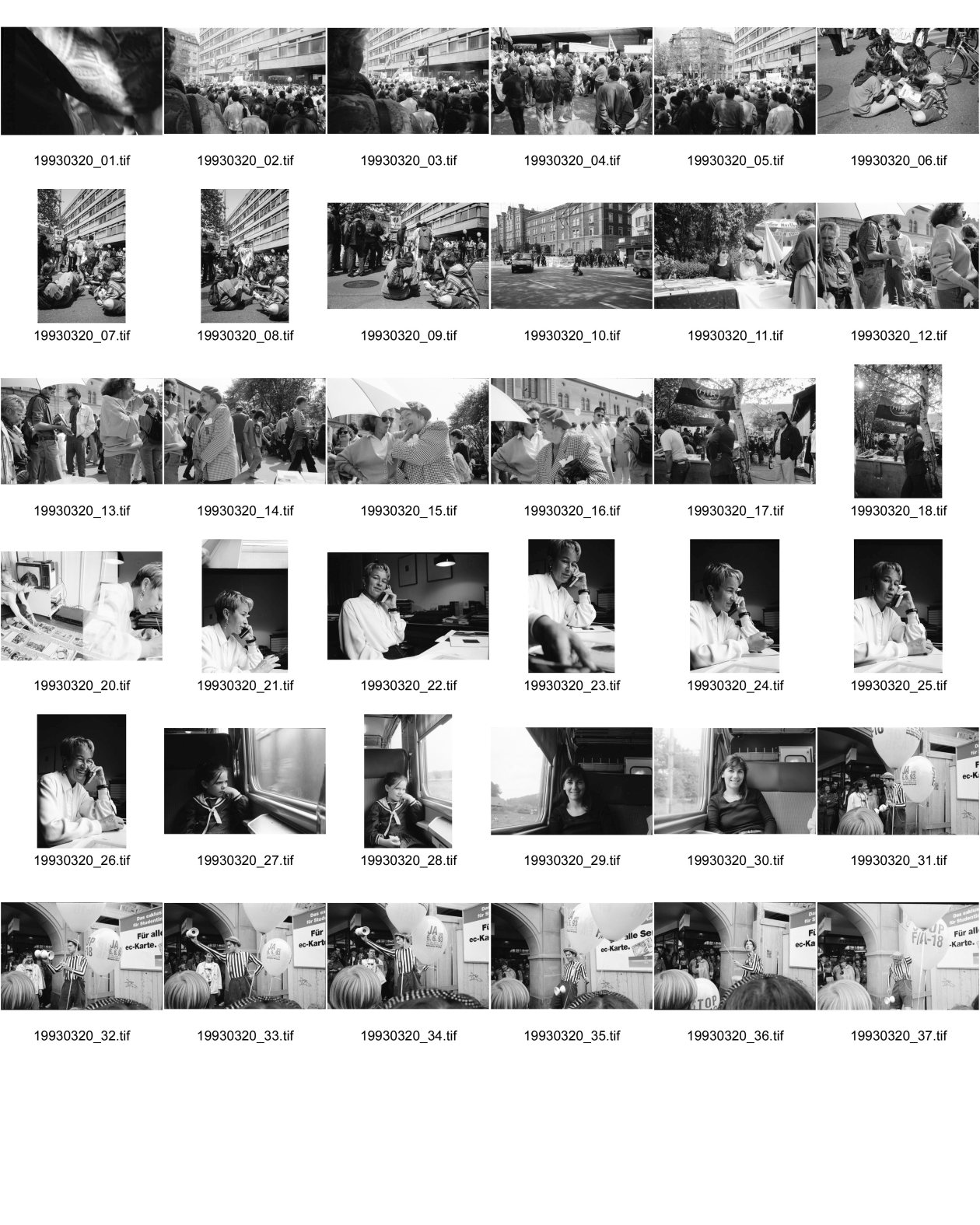 Image of sheet 19930320: 1.Mai 93 Zürich Helvetiaplatz Ruth und Olivia Buch Verkauf Alis. Im Kasernen hof. Lydia Woog  MIR Chile. Stand. Esther und Manon Woerdehoff beim Bild auslesen Buch. Jenseits von Jerusalem. Portrait Tiziana de Silvestro. Arina Heussler und Olivia fotogr. von Arina. Bern Stop FA 18 Kampfflugzeug. Bern 1993