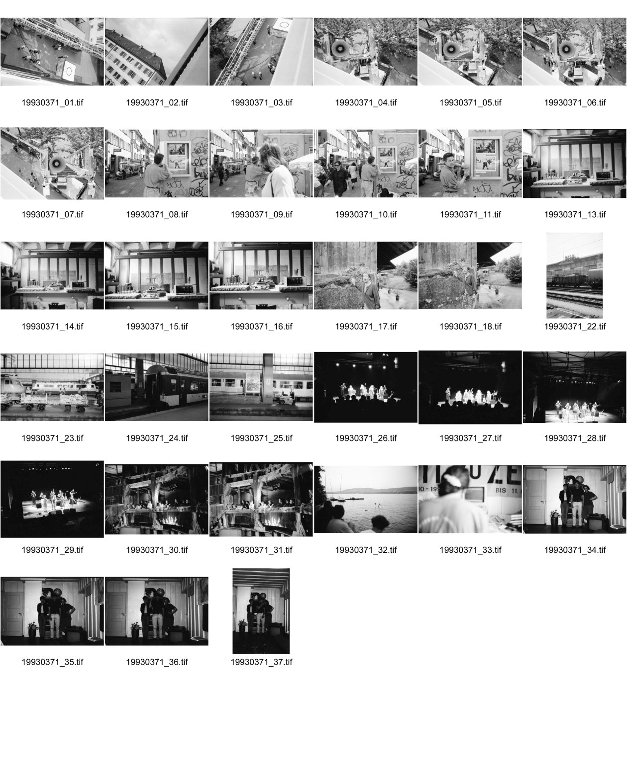 Image of sheet 19930371: Feuerwehr übung im Erismannhof städtische Siedlung. Leiter kommt mit Megaphon an mein Fenster. Christian Egger am Fenster mit meine Photographien in der Oberdorfstr. Jenseits von Jerusalem. Valery Heussler bei sich zu Hause in .........Hauptbahnhof Zürich Maggi Fabrik in Winterthur. ? Bollwerk Freiburg. Zürichsee. Mathis, Lu und Marina Mathis Pillod vor Ofen im Erismannhof 1993 Schweiz