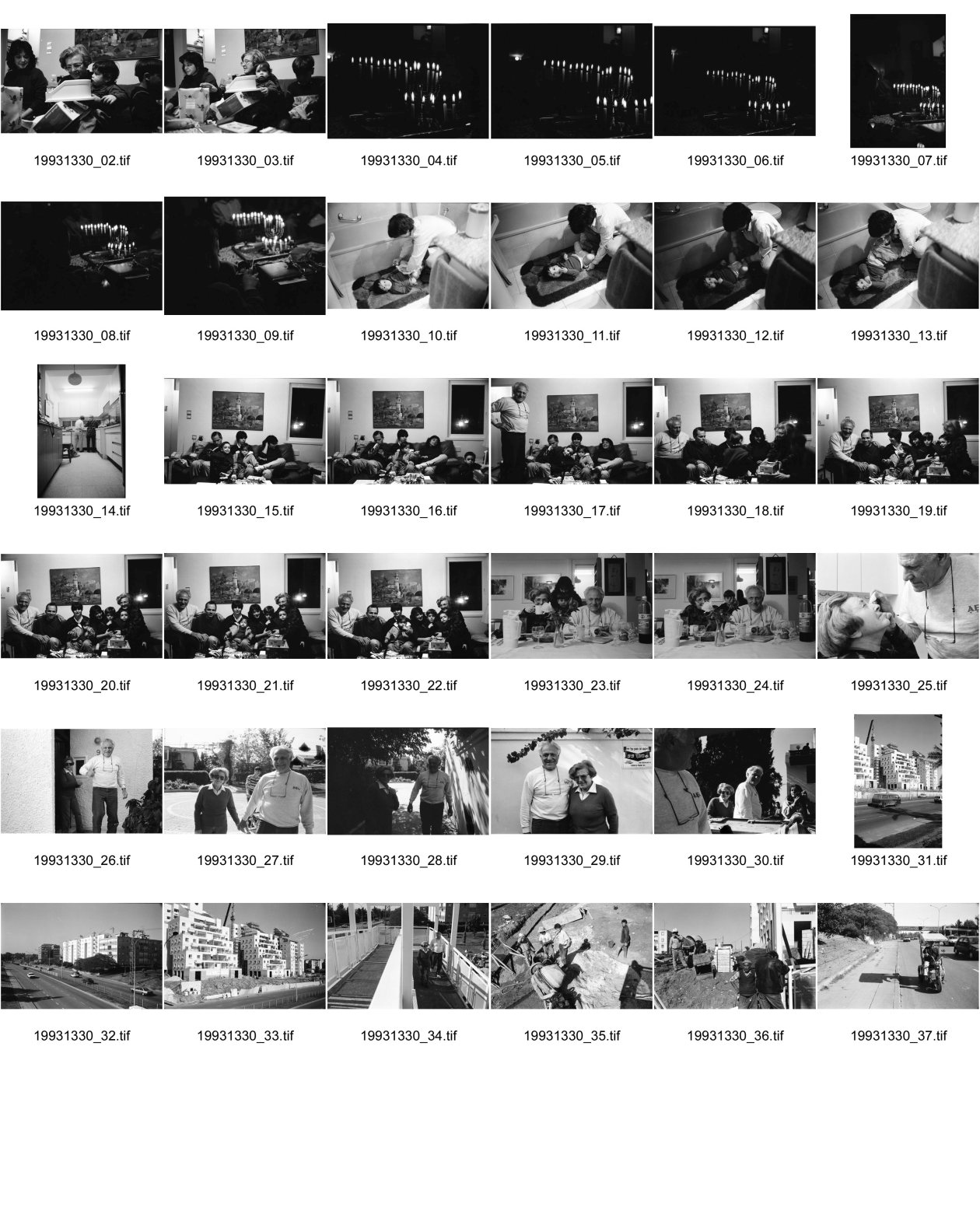 Image of sheet 19931330: Dogi Guggenheim mit Doran Gal 1jährig und Dana Assav 38j. Rinon Gal 4 1/2j. Chanukka kerzen Mirla Gal 35j mit Doran. Dror Gal 38 j. Anwalt. li. neben Erwin. re. aussen Dogi Rinon, Daniel Assav 9j,Dona Assav, Mirla und Doran und Dror und Erwin.neue Wohnhäuser in Ramat gan. Arbeiter palästinensische. 1993 Israel Ramat-chen Familie