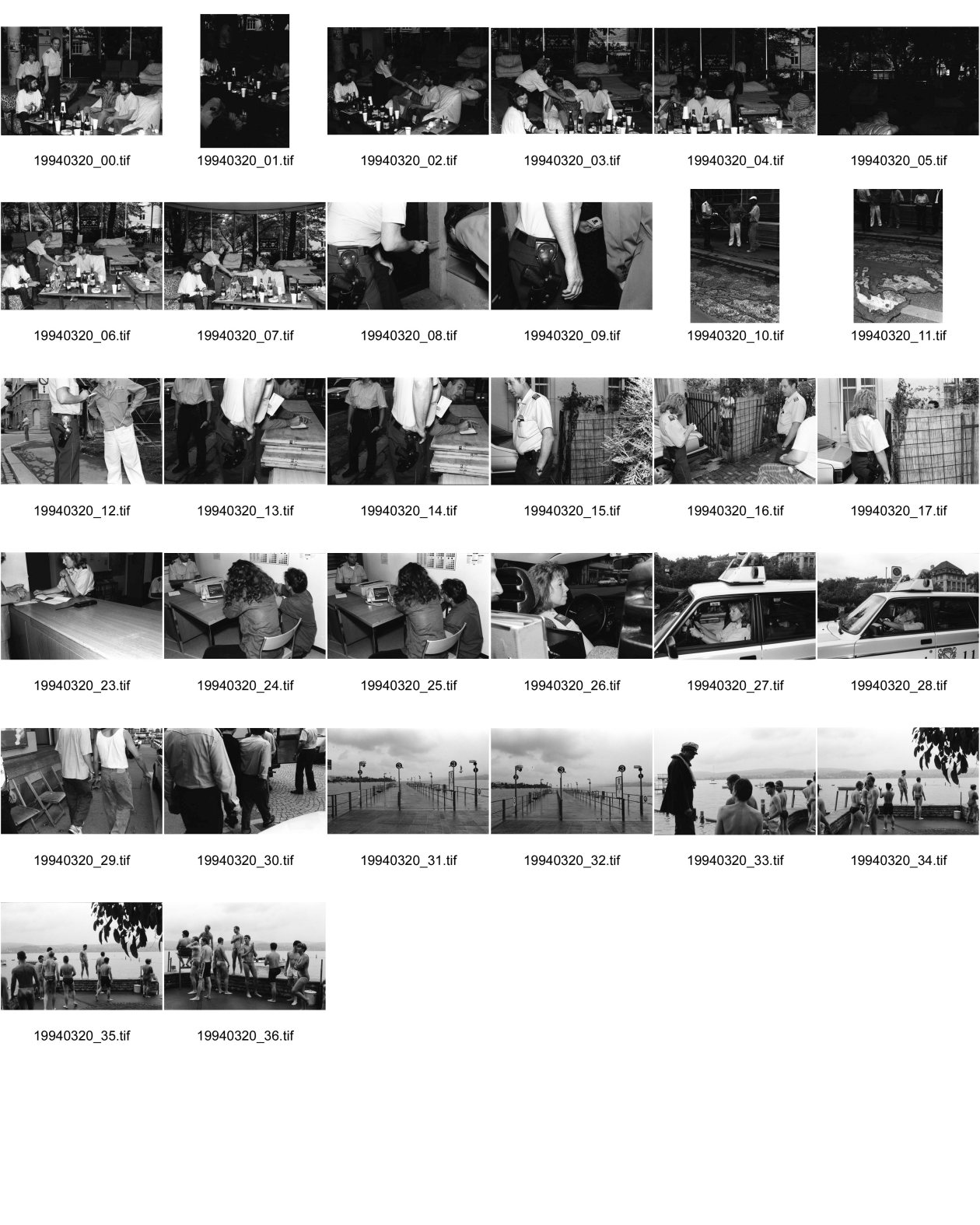 Image of sheet 19940320: ca 7.00 Polizeibeamtin Seiler und Wachtmeister Hochstrasser besuchen die Alkis der Bäkeranlage höflich. Dann wird ein Besitzer eines verlorenen Halbtaxs gesucht. 7.30 Brandstiftung an der Marmorgasse dann Meldung wegen verschmutzung eines Fahrzeugs durch Betonspritzer  Meldung auf dem Posten. Frau Seiler im Streifenwagen Limmat 4. Häftlinge an Handschellen werden in den
 Kasernen hof zum Spaziergang ausgefahren. Schifflandestelle am
 Bürkliplatz. 14.oo PolizeiaspirantInnen vor der jährlichen Seeüberquerung. Police Polize Zürich Schweiz Switzerland 1994 Kreis vier Aussersihl