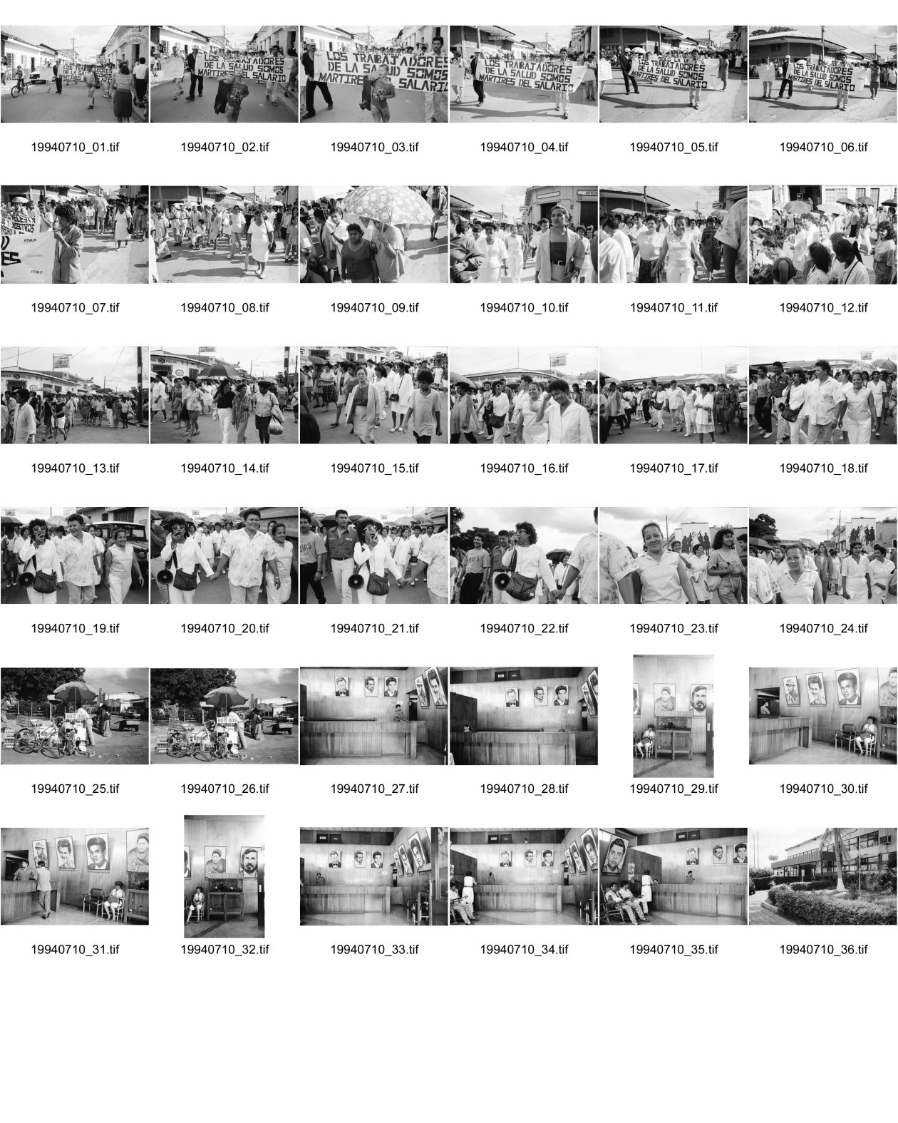 Image of sheet 19940710: Streiktag der Spitalangestellten, Krankenschwestern, Aerzten und Hebammen. Monchita, eine Leiterin des Casa del Parto Natural ist auch dabei. Frau mit Megaphon. Hot Dog Stand. Reception Eingangshalle Empfangshalle der Tageszeitung Barricada in Managua mit Helden portraits. Bildern In der Eingangshalle der sandinistischen Tageszeitung Barrikada hängen die Bilder der Revolutionshelden. Managua Nicaragua 1994 
A shoecleaner marches in front of a demonstration against the cut of work and salaries in the medical health sector.

Sala de recepción del diario Barricada, con retratos de los héroes de guerra. Managua, 27 de octubre de 1994
Lobby of Barricada newspaper with portraits of heroes. Managua, October 27, 1994