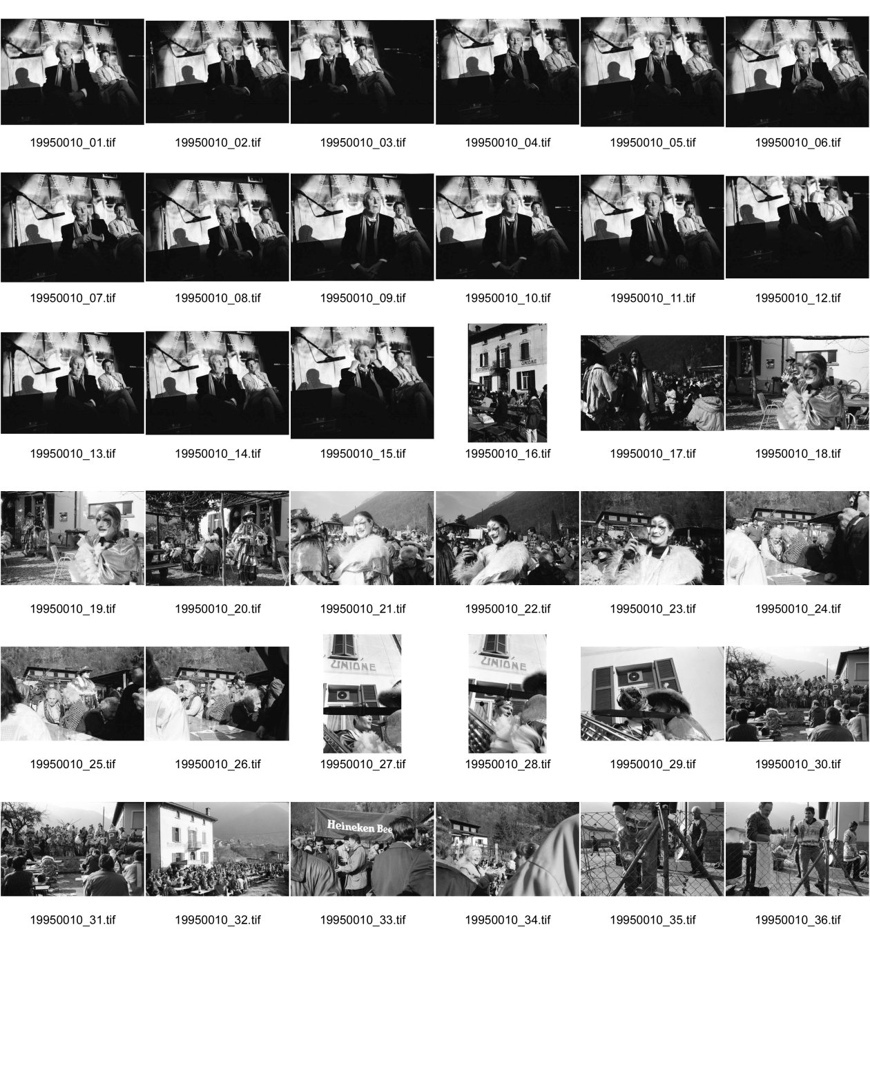 Image of sheet 19950010: Peter Surava 'er nannte sich P:S:' und der Filmemacher Erich Schmid an der Premiere in Solothurn Filmfesttage. Carnevala Fastnacht in Gordevio Unione. Es wird gratis Cazzöla abgegeben, eine typische Tessiner Mahlzeit mit Fleisch. Carla Zanoli und hansruedi Flückiger Tessin Ticino 1995