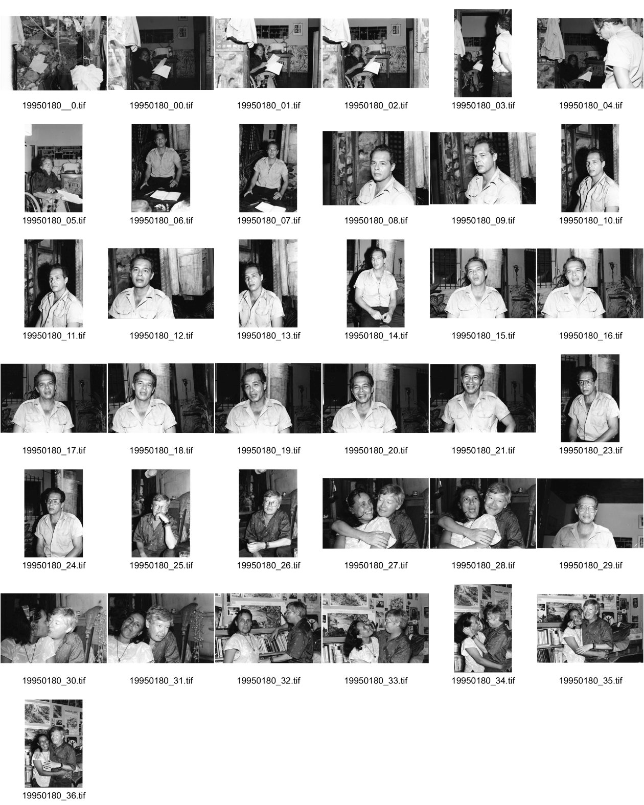 Image of sheet 19950180: Ciro Molina Schriftsteller im Rollstuhl, zu Hause bei Donaldo Altamirano, ebenfalls Schriftsteller Portrait ohne Brille. Bayardo Gamez Kunstmaler und Maria Dolores Alvarez AntroprologinKuss küssend. 1995 Managua Nicaragua