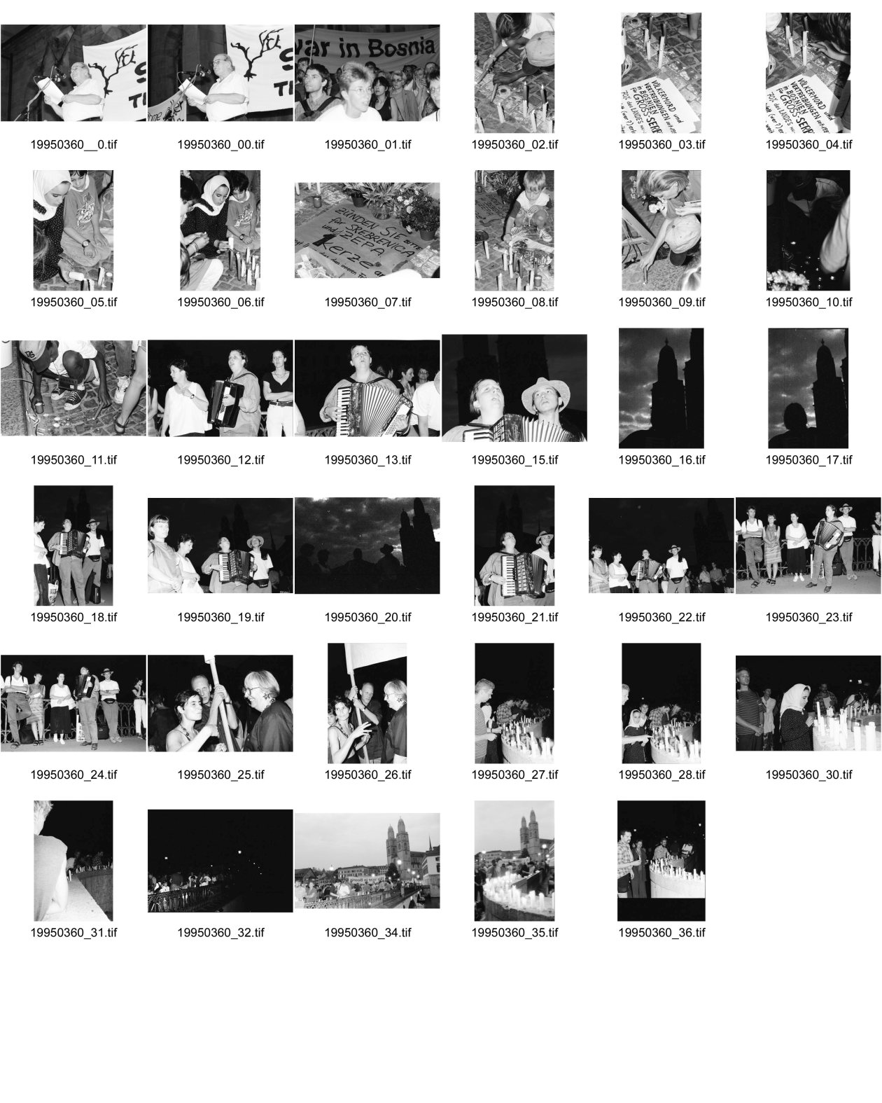 Image of sheet 19950360: Antikrieg kundgebung auf dem Münsterplatz und der Münsterbrücke gegen Krieg in Bosnien. mit Hansjörg Braunschweig SP Muslim Mädchen mit Kopfbedeckung zündet Kerzen an. Völkermordplakat
Musikerin mit Handorgel im HG Grossmünster Dieter Oswald und Josi Meier Zürich Schweiz Protest Switzerland 1995