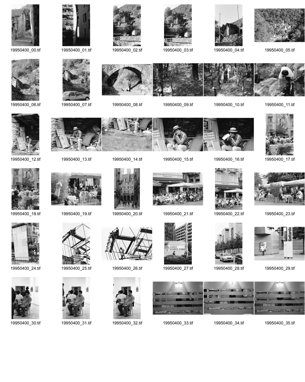 Image of sheet 19950400: Chiasso Guido Magnoguagno liest oder schläft während Eröffnung Ausstellung Zeitgenössische Schweizer Photographie in der Galleria Gottardo Lugano Banco del Gottardo. Strassenszene Polin liest ein Buch Die Brücke von Brié Polin Granitsteelen im Kastanienwald. Gordevio Ausbau Rustico ausgesteckt.