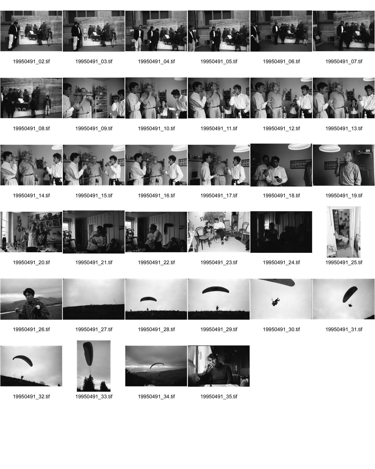 Image of sheet 19950491: Heirat mit Polin  Sergio Valdivia Salinas vor Stadthaus Photographie zu Anne Frank Ausstellung. Olivia Sergio Wolfram Müller Margrit und Jürg und etc. in Küche. Samichlaus und Schmutzli fliegt durch die Luft als Deltaflieger Scheidegg Zürcher Oberland Zürich 1995