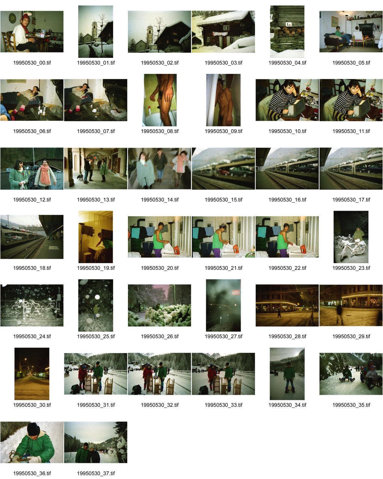 Image of sheet 19950530: Polin in Gordevio Walser Haus Bosco Gurin Kirche mit Schnee Carla Zanoli und Veronique Olivia am Computer Polin nackt in der Dusche Autotransport per Zug Polin am bügeln
Langstrasse Zürich Kreis 4 im Schnee Bäckeranlage Fahrräder Tafel Mann mit Hund an der Leine Margrit Brunner Polin mit Schlitten