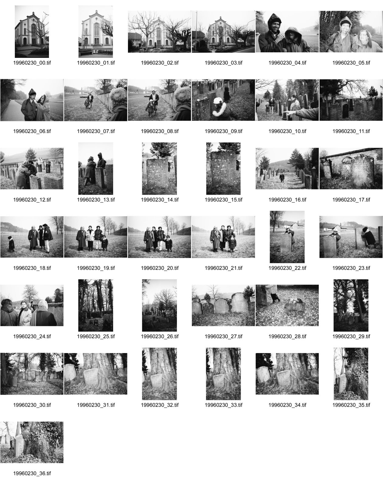 Image of sheet 19960230: Besuch im jüdischen Friedhof Lengnau wo meine Grossmutter; die Künstlerin Artist, Art Bildhauerin und Malerin Painter Alis Guggenheim (1896-1958) begraben wurde. Synagoge 
Polin Sergio Valdivia Salinas und Ruth, Gabi Guggenheim Trudi Claudia und Sohn. Charly und Martin. Grabstein Kanton Aargau