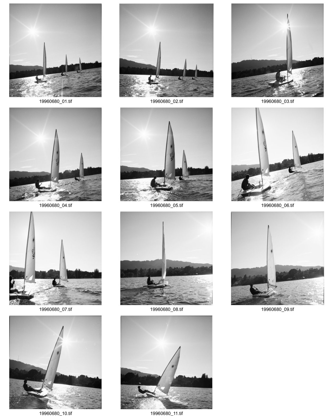 Image of sheet 19960680: Segeln yachting sailing laser class lake Zürich 1996
ASVZ-Junioren Laser Training auf dem See. 
swiss Switzerland Schweiz Europe sport 6 x 6 Hasselblad s/w b&w